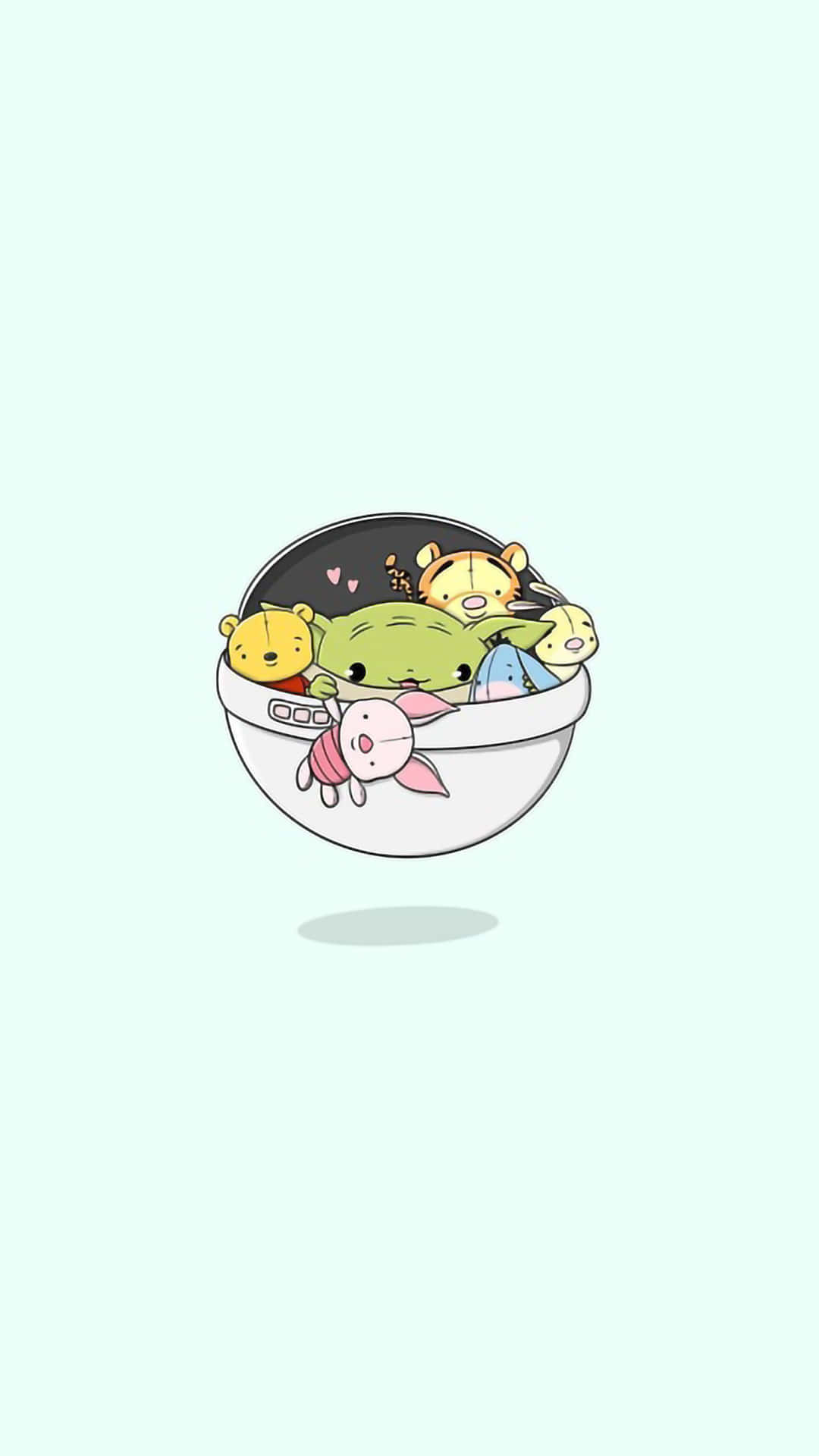 Baby Yoda Aesthetic 桌布 壁紙 — 可愛卡通角色擠在一個漂浮的碗裡，背景是柔和的薄荷色。