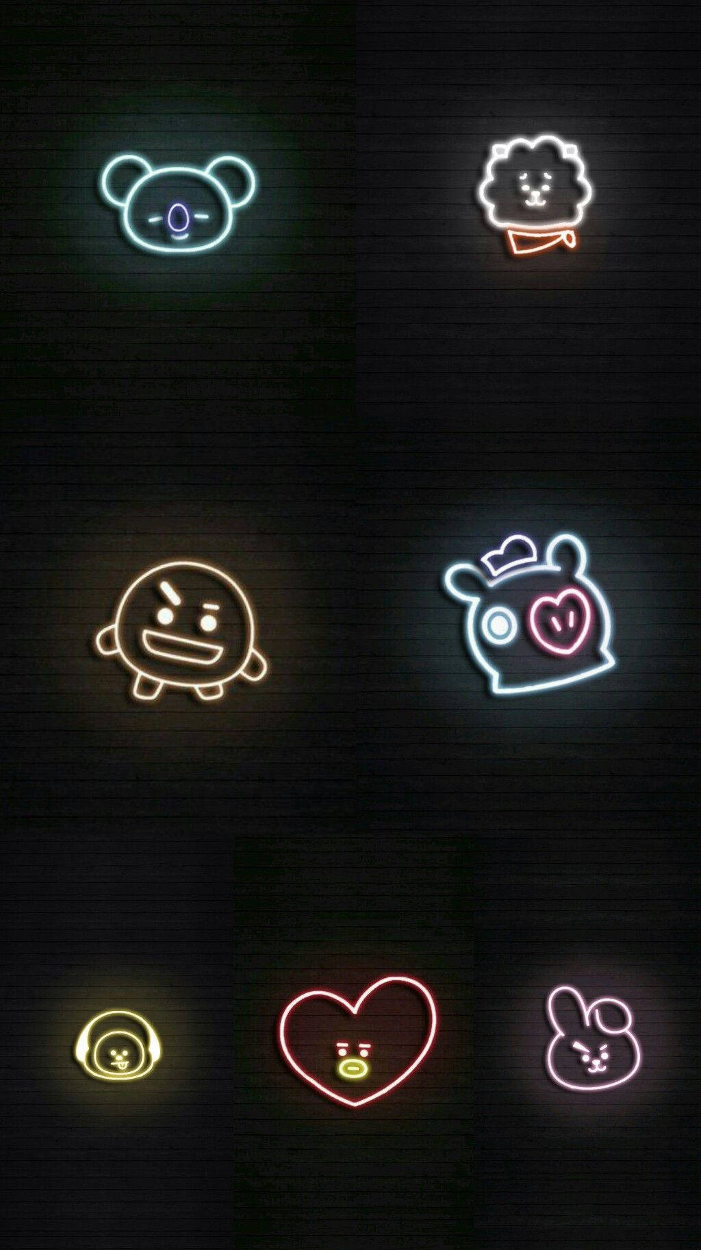 霓虹卡通角色在深色磚牆上發光。 — BT21 GIF 壁紙