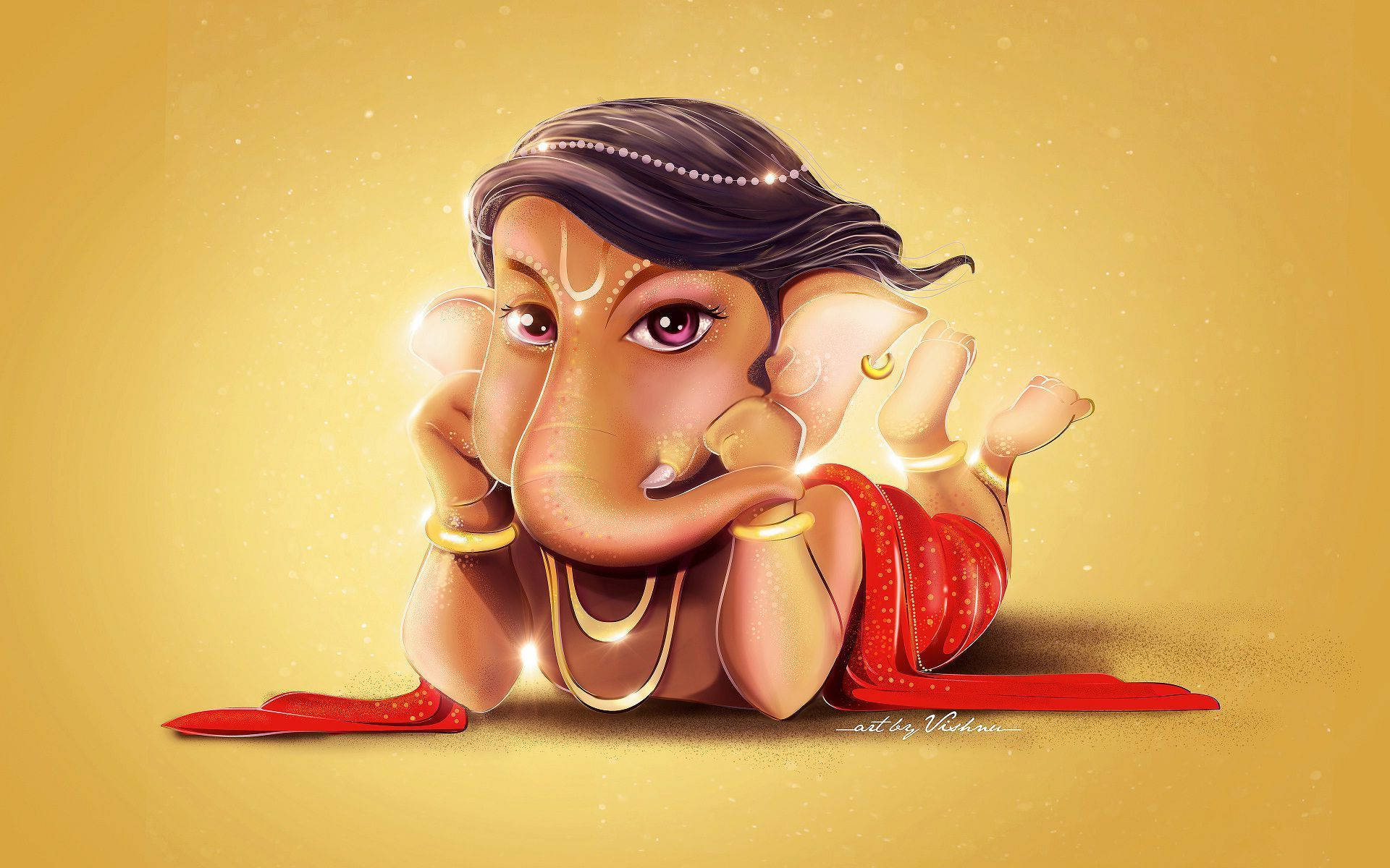 Hindu God 桌布 壁紙 — 可愛卡通象頭神Ganesha，大耳朵，穿紅色dhoti，在金色背景上托腮休息。