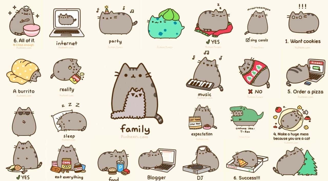 Pusheen 貓咪插圖網格，展示有趣的日常生活瞬間。 — Pusheen 動圖 壁紙