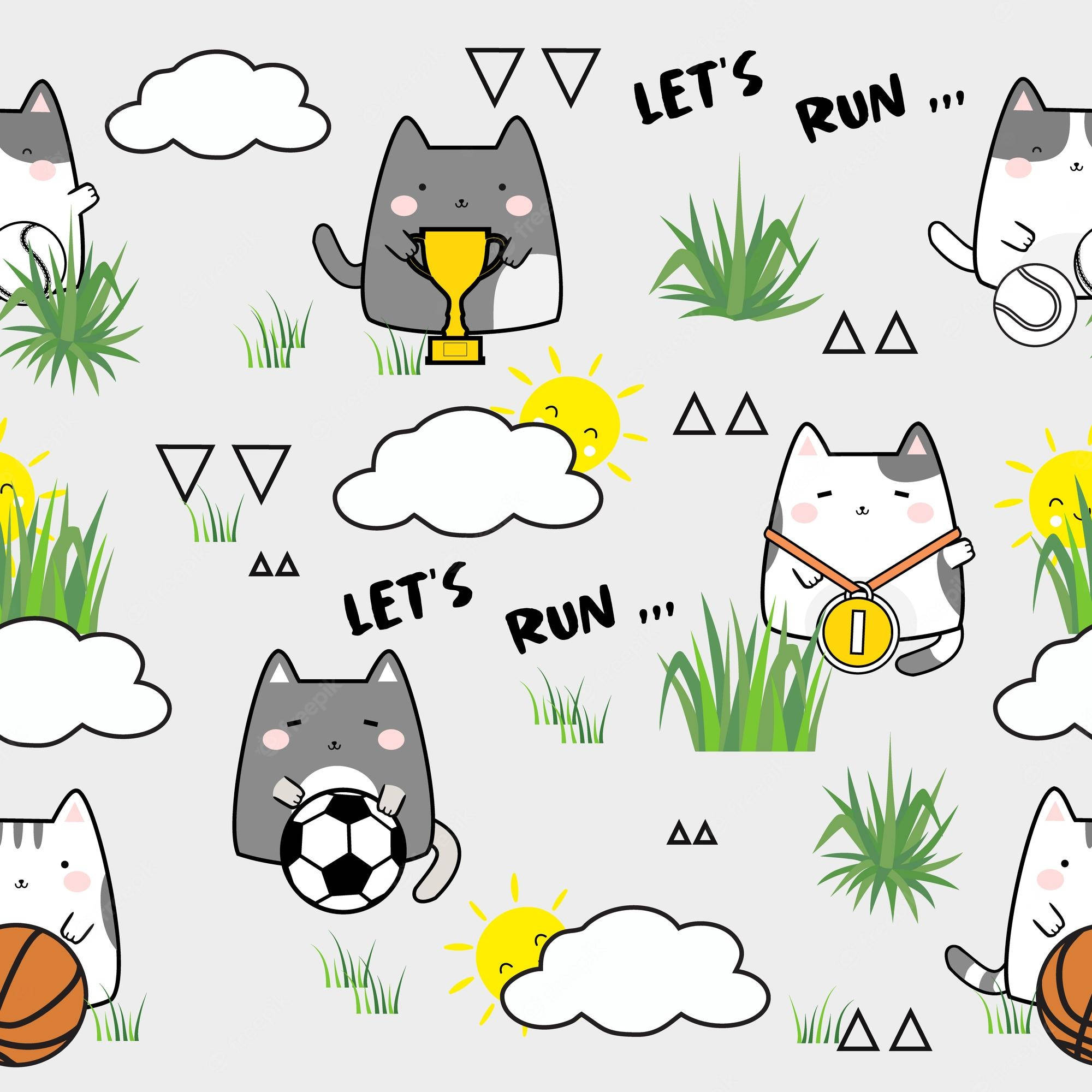 Sanrio Desktop 桌布 壁紙 — 可愛卡通貓咪在微笑的太陽和雲朵下，於淺灰色背景上進行運動，並有獎盃、獎牌和球。