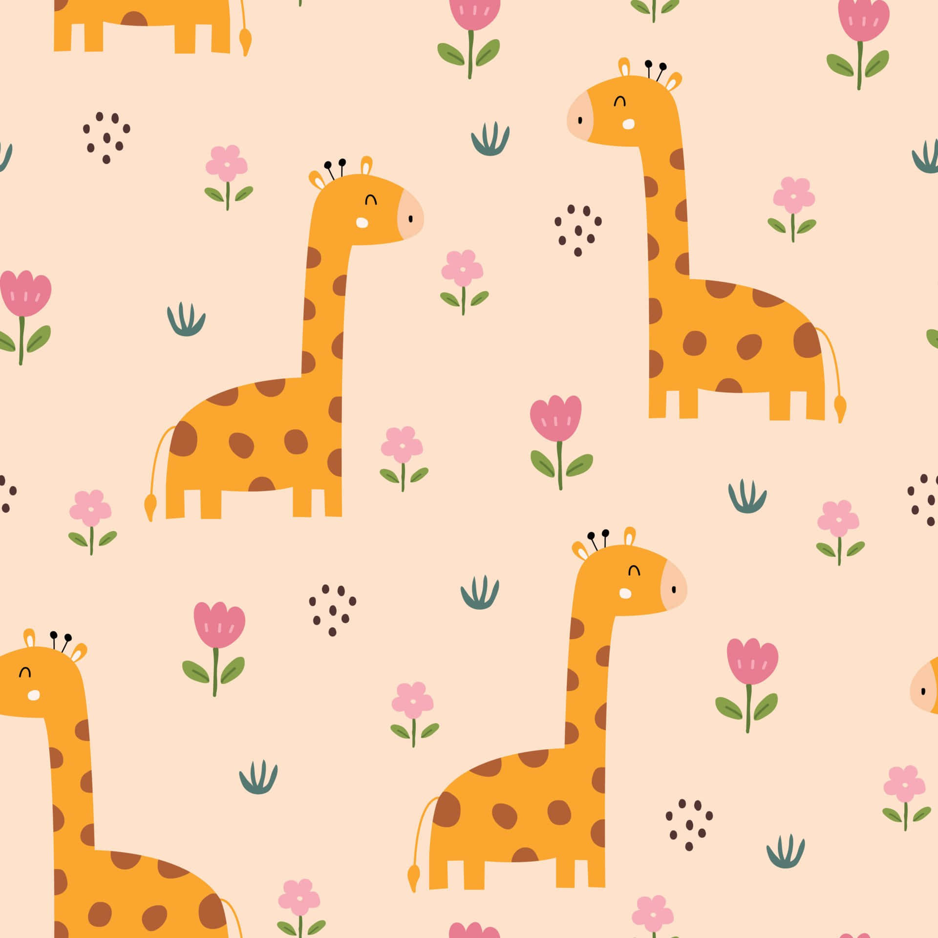 Baby Giraffe 桌布 壁紙 — 可愛卡通長頸鹿，帶有棕色斑點和粉紅色花朵，在柔和的蜜桃色背景上重複圖案。