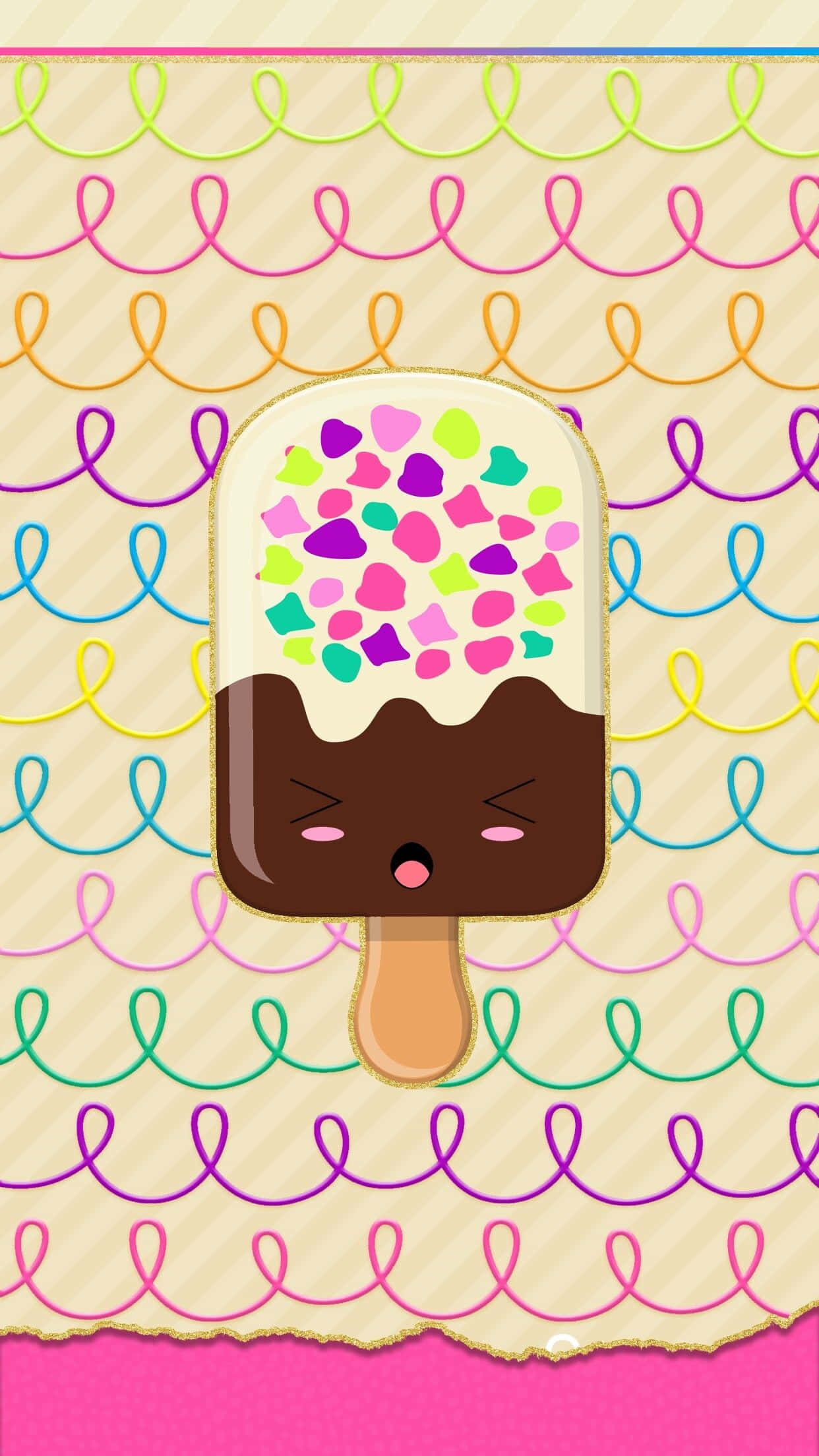 Cute Summer iPhone 桌布 壁紙 — 可愛卡通雪條，綴有彩色糖針，並有單眼表情，背景為彩虹波浪紋。