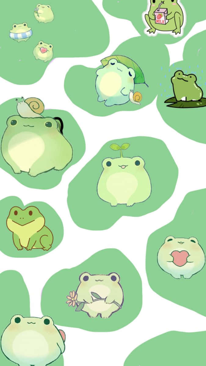 Frog 桌布 壁紙 — 可愛卡通青蛙在柔軟綠色葉形背景上擺出各種可愛姿勢。