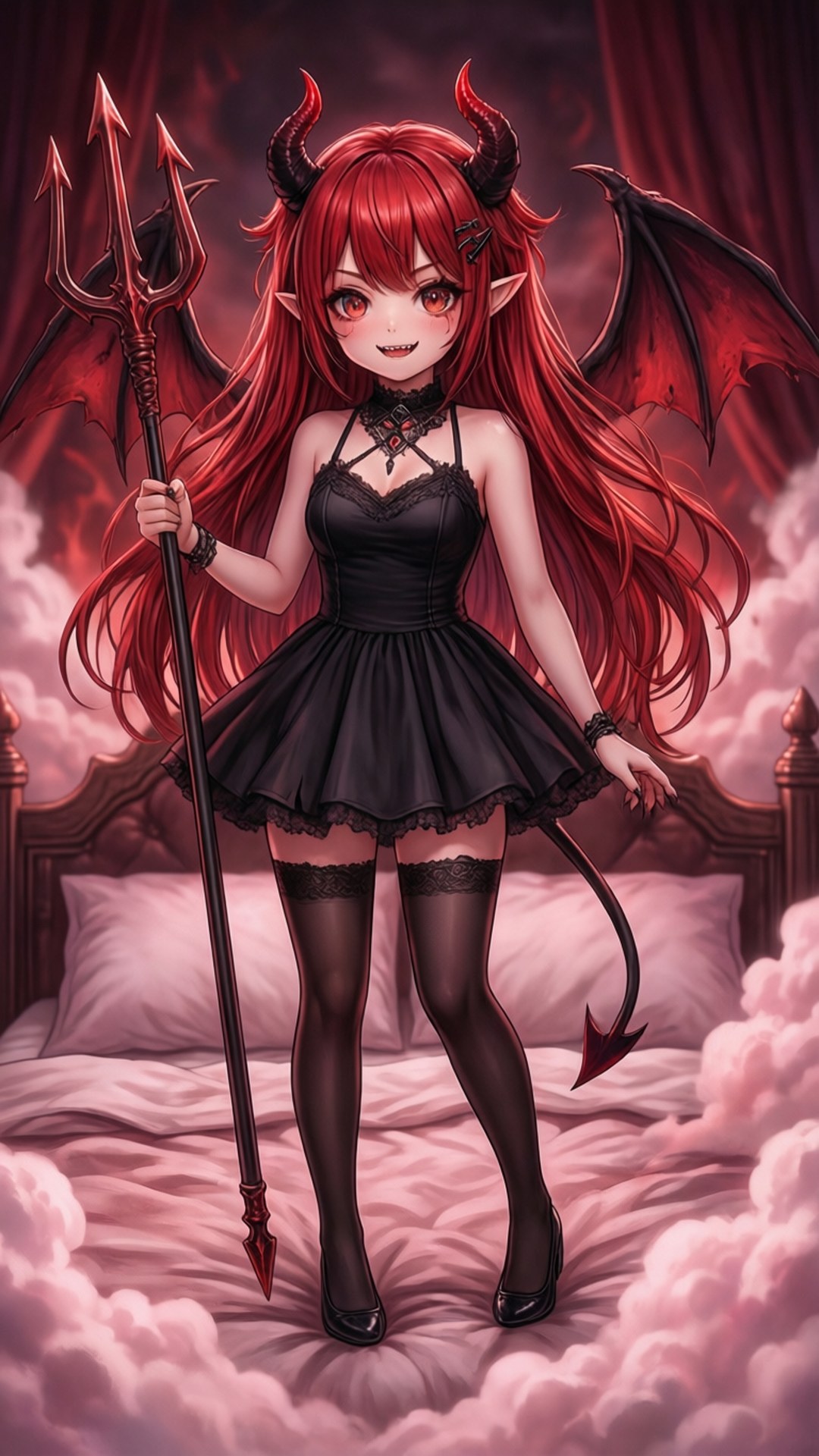 可愛惡魔動漫女孩 壁紙 — 一位紅髮惡魔女孩，頭上有角、背有翅膀，站在雲床上，在哥德式臥室中手持三叉戟。