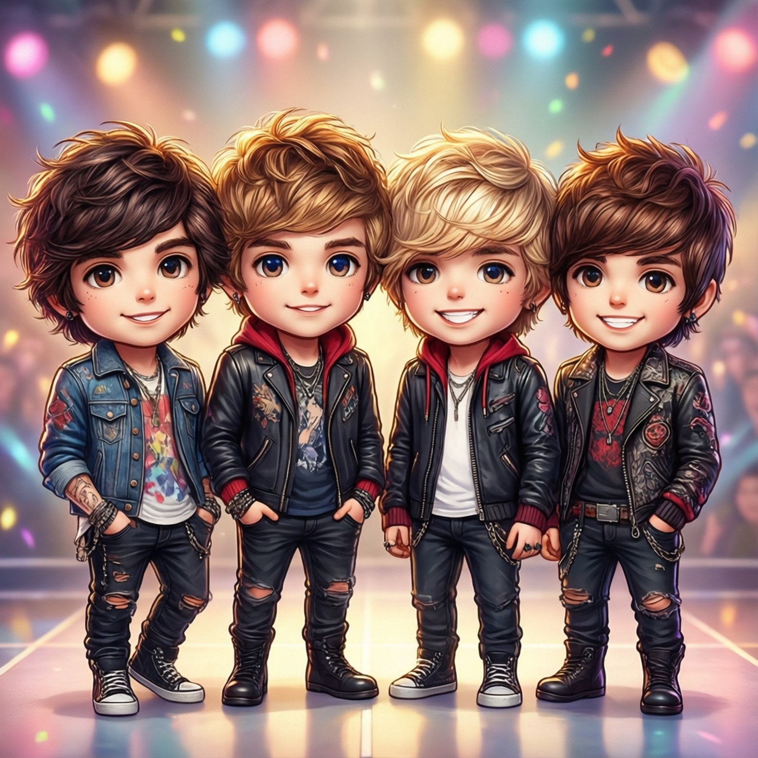 可愛版One Direction 壁紙 — 四個Q版風格男孩身穿皮夾克和破洞牛仔褲，在色彩繽紛的舞台燈光下自信地擺姿勢。