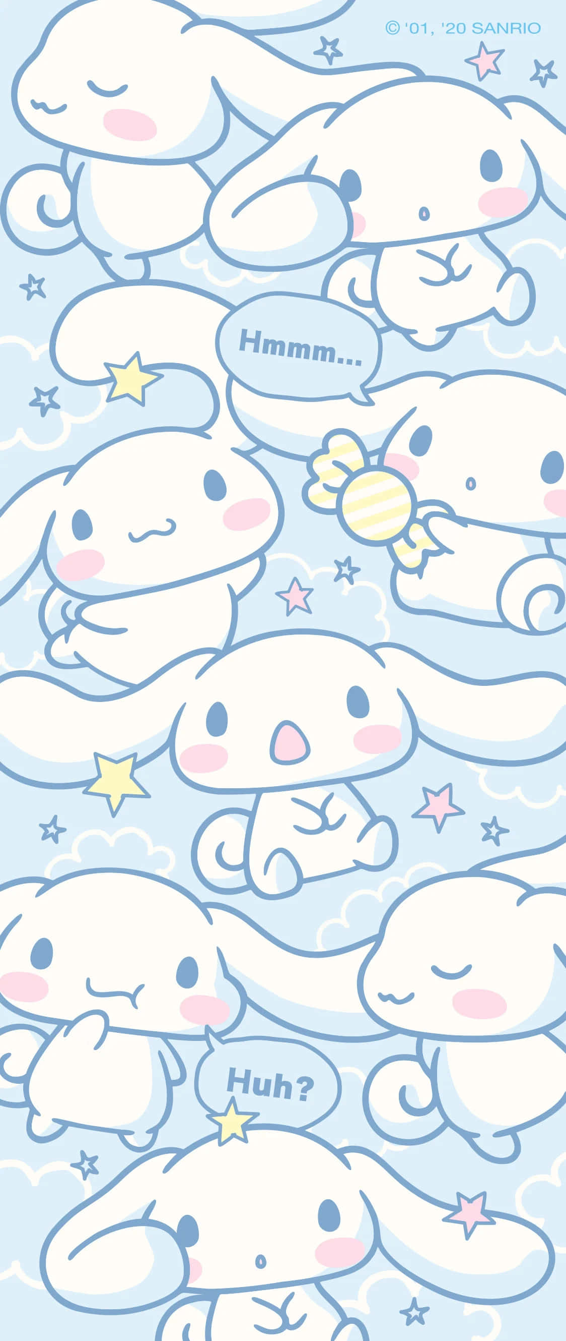 肉桂捲 桌布 壁紙 — 可愛的 Cinnamoroll 角色在星星和雲朵之間漂浮，背景是柔和的藍色，並有對話氣泡。