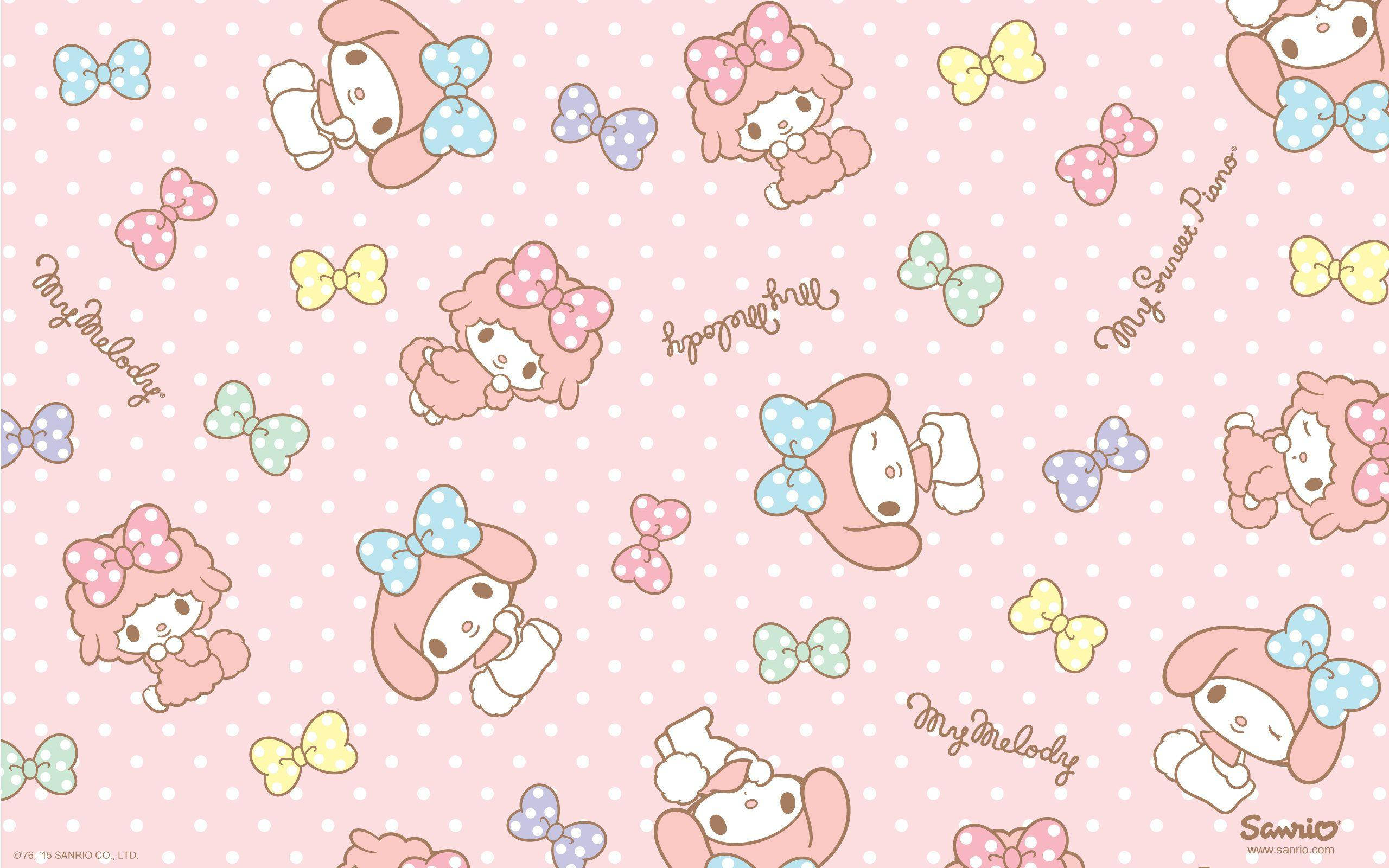 my 桌布 壁紙 — 可愛的 My Melody 角色和彩色蝴蝶結在柔和的粉紅色圓點背景上重複。