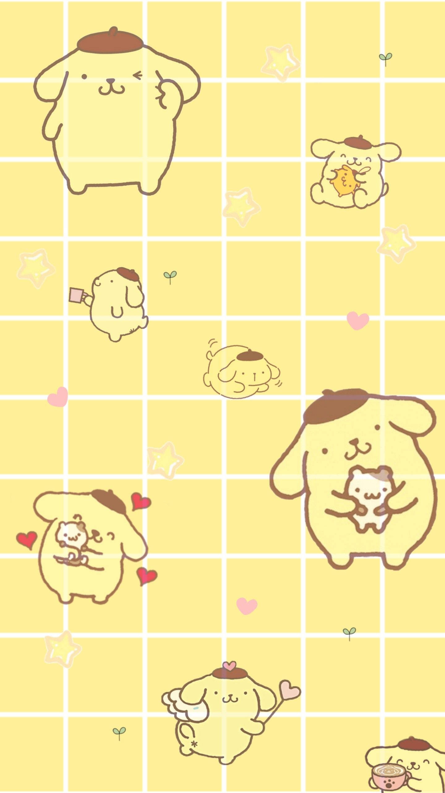 Cute Cartoon Dog 桌布 壁紙 — 可愛的 Pusheen 角色在柔和的黃色網格上頑皮地漂浮，周圍散落著心形和星星。