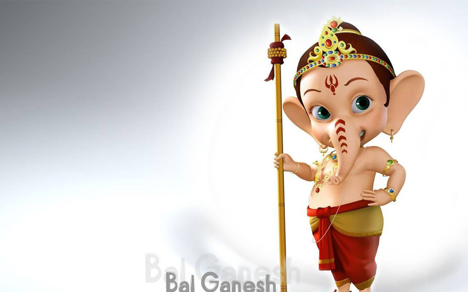 Animated Cartoon 桌布 壁紙 — 可愛的3D渲染小象神巴爾·伽內什自信地站立，手持法杖，背景為柔和漸變色。