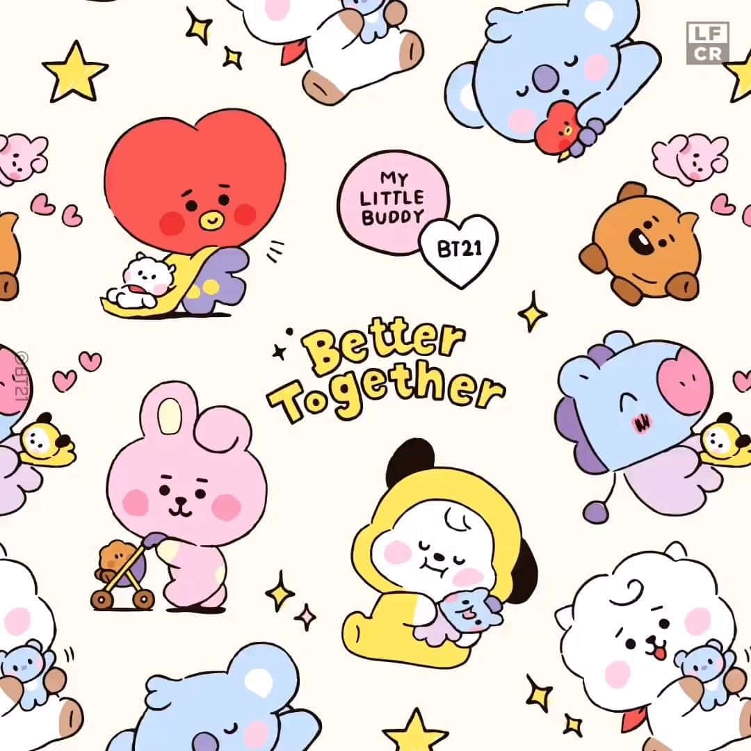 Watch Faces 桌布 壁紙 — 可愛的BT21角色以柔和色彩漂浮，周圍有心形和星星，圍繞著「Better Together」字句。