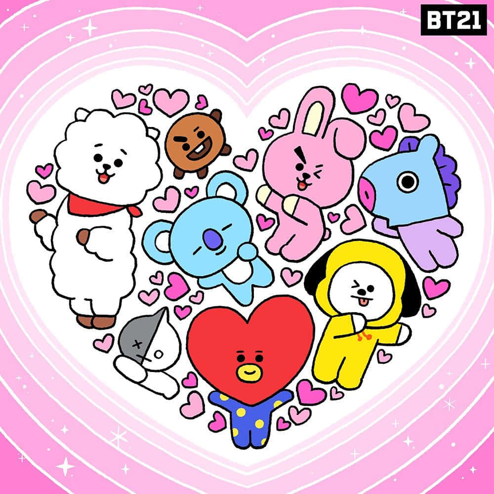 BT21 桌布 壁紙 — 可愛的BT21角色圍繞著一個紅色愛心，在粉紅色愛心和閃光中，背景是粉彩粉紅色。