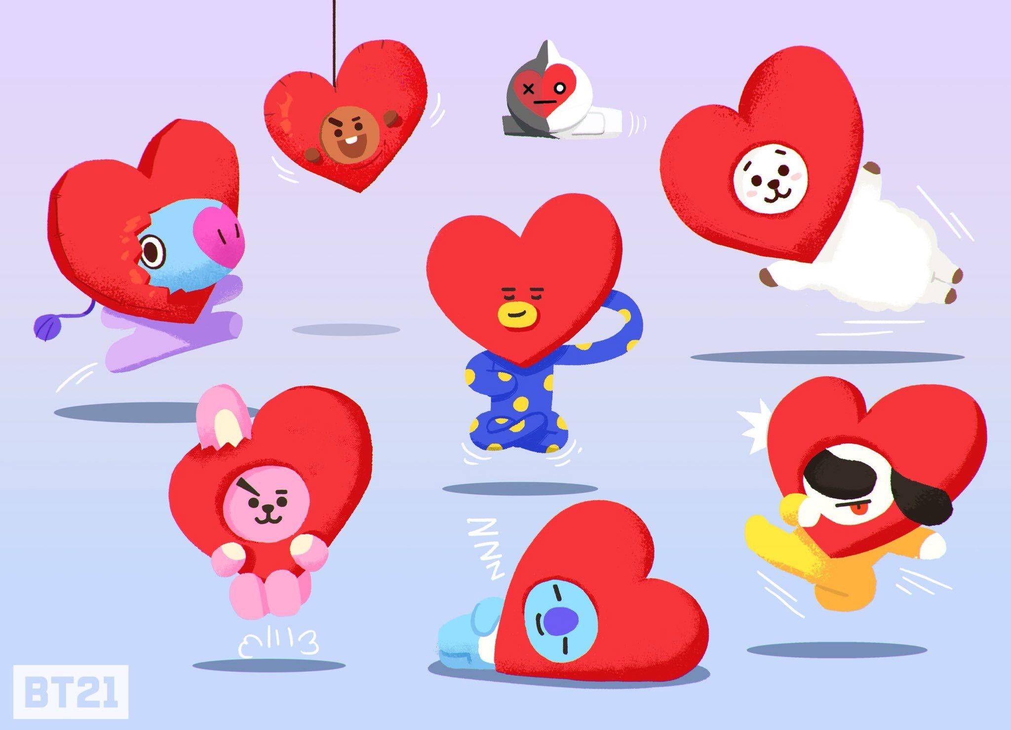 tata bt21 桌布 壁紙 — 可愛的BT21角色在柔和的薰衣草背景前，愉快地漂浮和玩耍在紅色心形身體內。