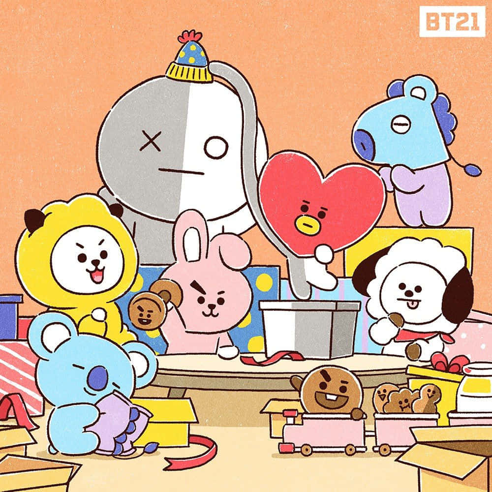 BT21 桌布 壁紙 — 可愛的BT21角色在溫暖的橙色房間裡用禮物、心形和玩具慶祝歡樂派對。