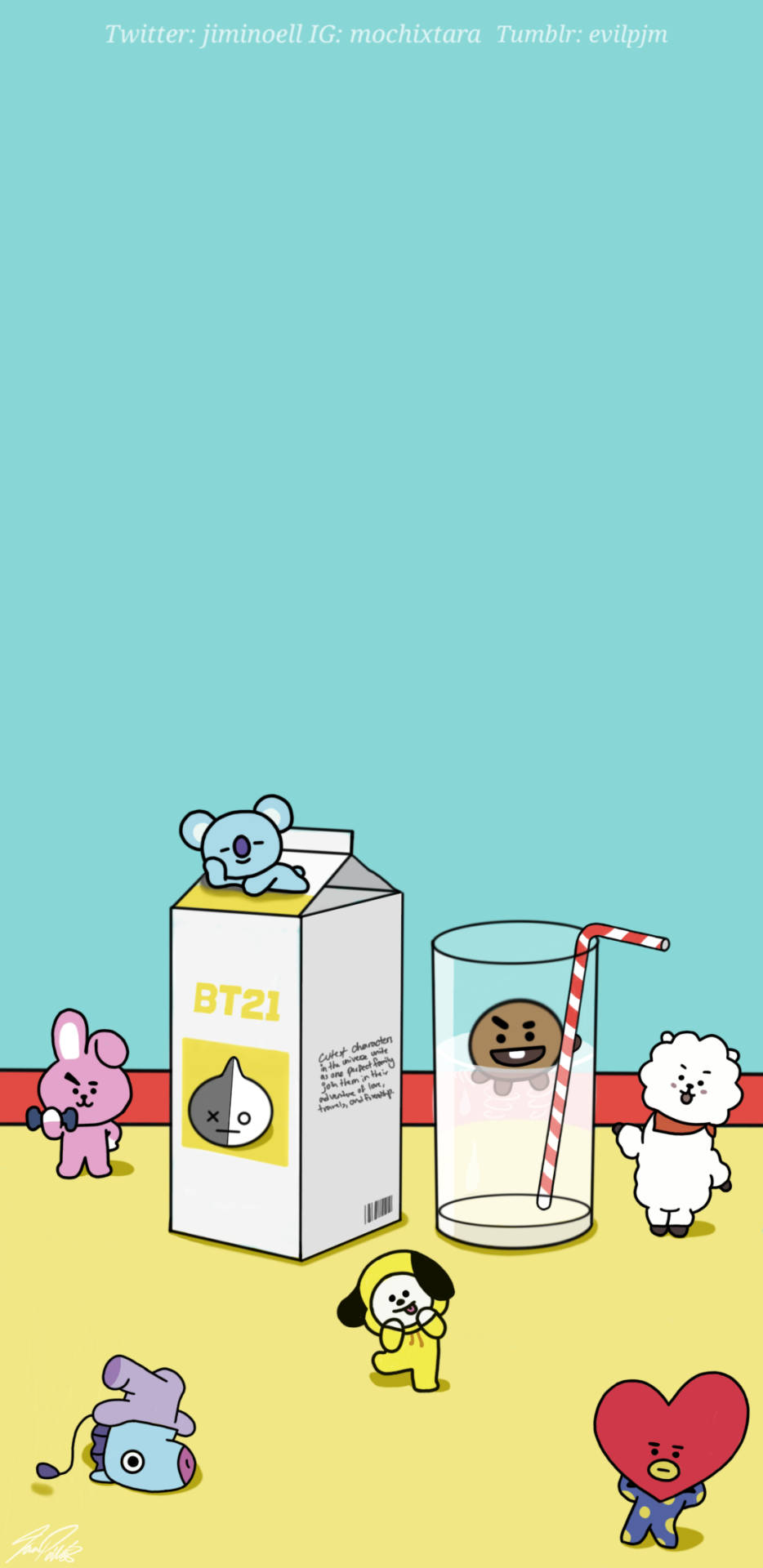 BT21 桌布 壁紙 — 可愛的BT21角色聚集在牛奶盒和帶有餅乾臉和條紋吸管的玻璃杯周圍，背景是青綠色和黃色。