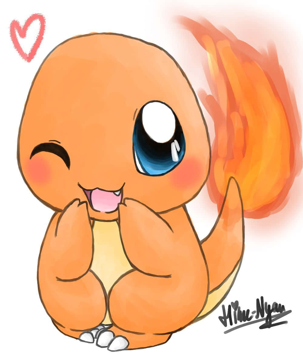 Cute Charmander 桌布 壁紙 — 可愛的chibi小火龍單眼眨眼，臉紅並捧著臉頰，尾巴上的火焰閃爍發光。