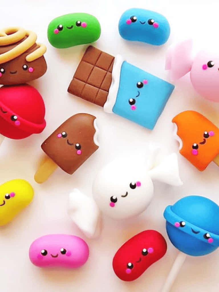 Desserts 桌布 壁紙 — 可愛的kawaii黏土糖果，帶有微笑的臉，排列在明亮的白色表面上。