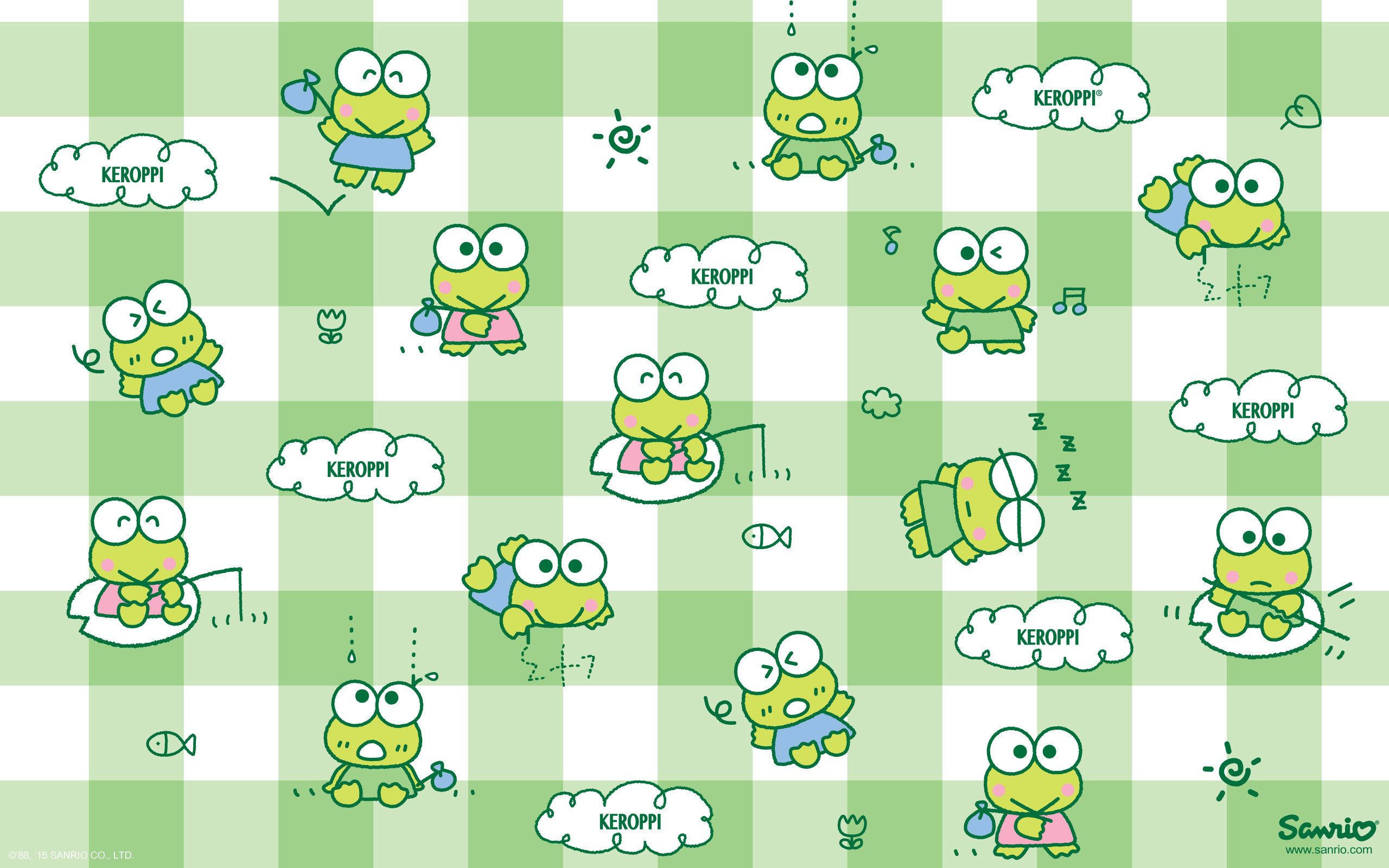 Keroppi 桌布 壁紙 — 可愛的Keroppi角色以各種俏皮姿勢散落在綠色和白色方格背景上。