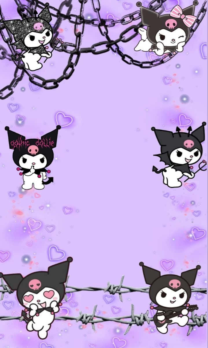 sanrio 桌布 壁紙 — 可愛的Kuromi角色以黑白配色搭配粉紅色骷髏頭，棲息在鎖鏈和鐵絲網上，背景是閃閃發光的紫色。