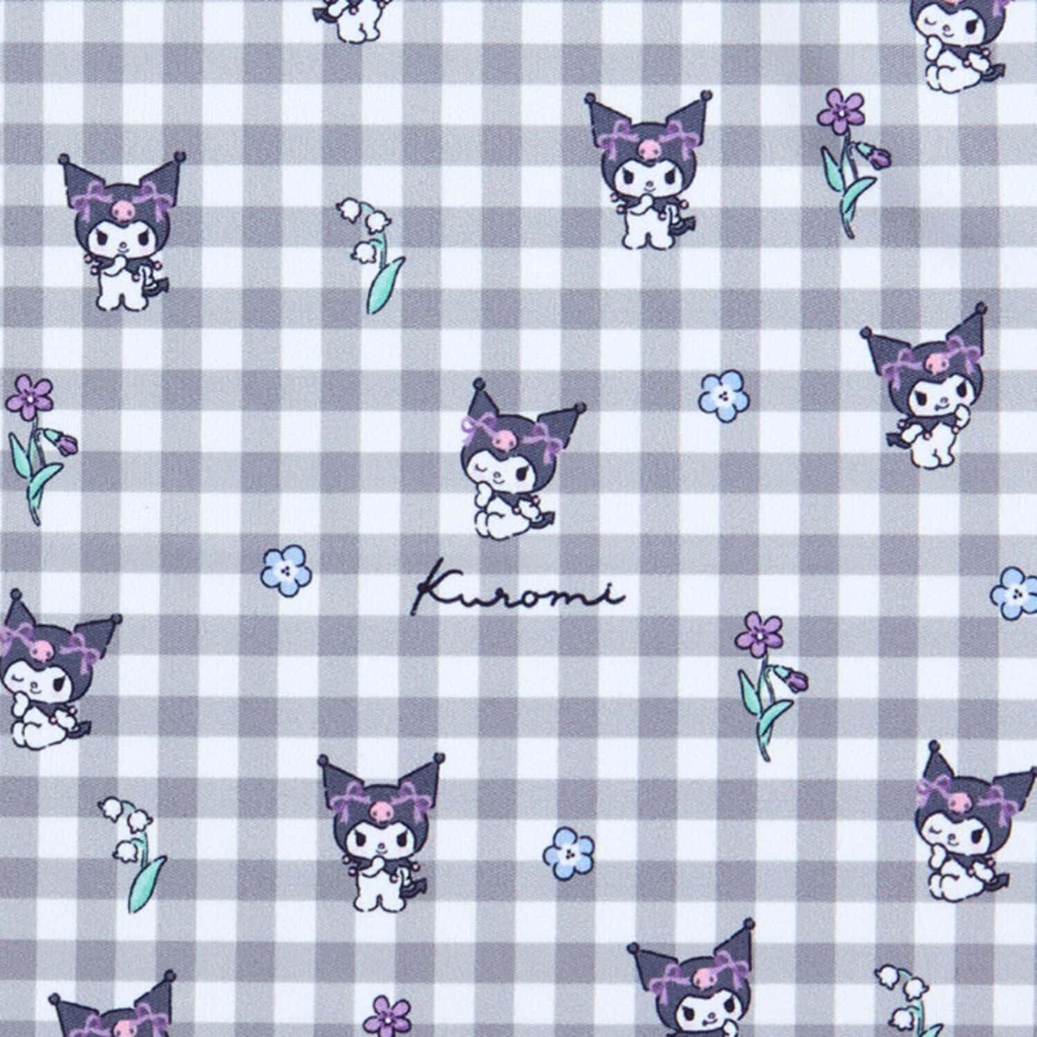 Kuromi Pattern 桌布 壁紙 — 可愛的Kuromi角色和花朵在灰色和白色的格紋布料背景上重複。