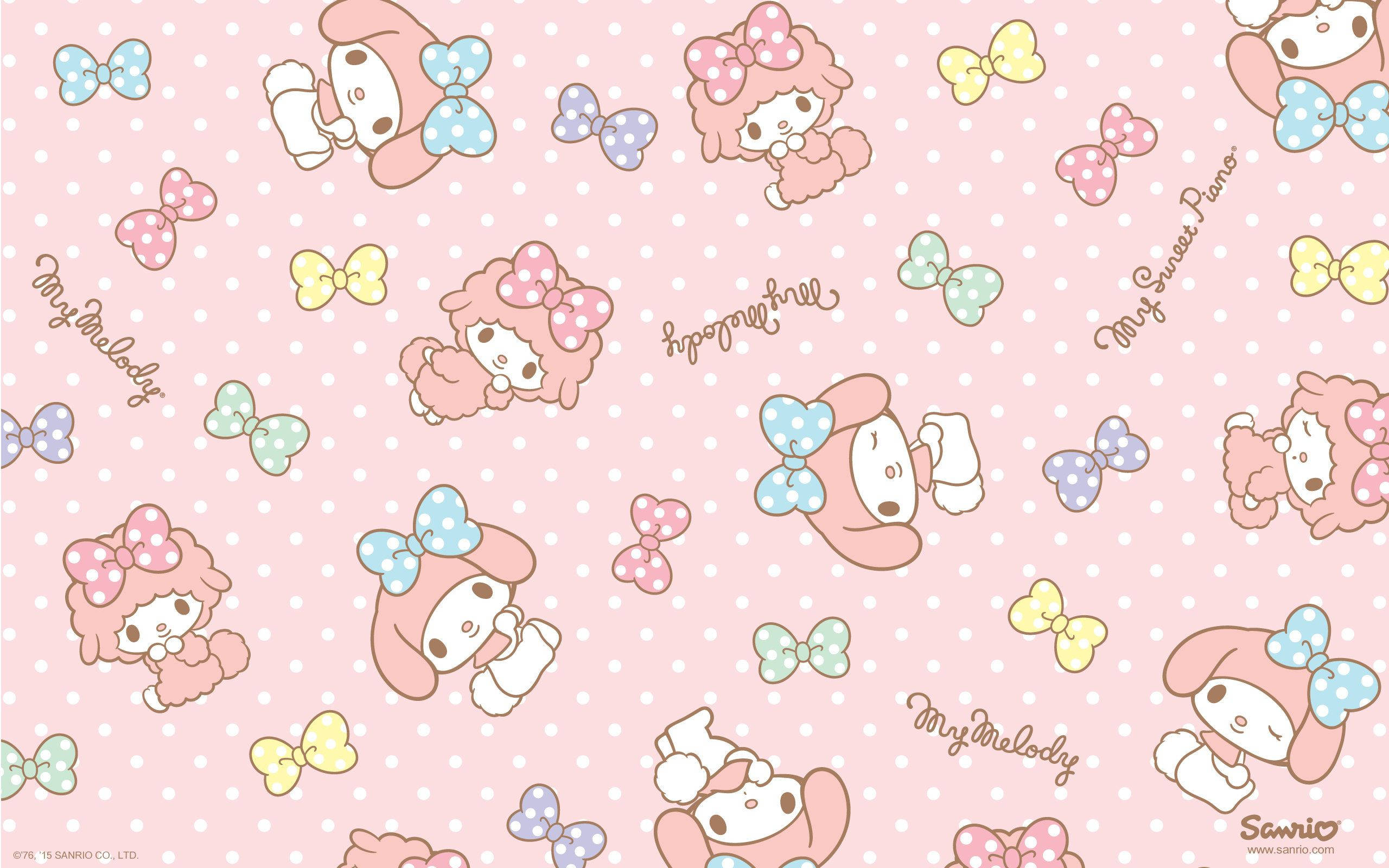 Cute Sanrio 桌布 壁紙 — 可愛的My Melody角色和彩色蝴蝶結在柔和的粉紅色圓點背景上重複。