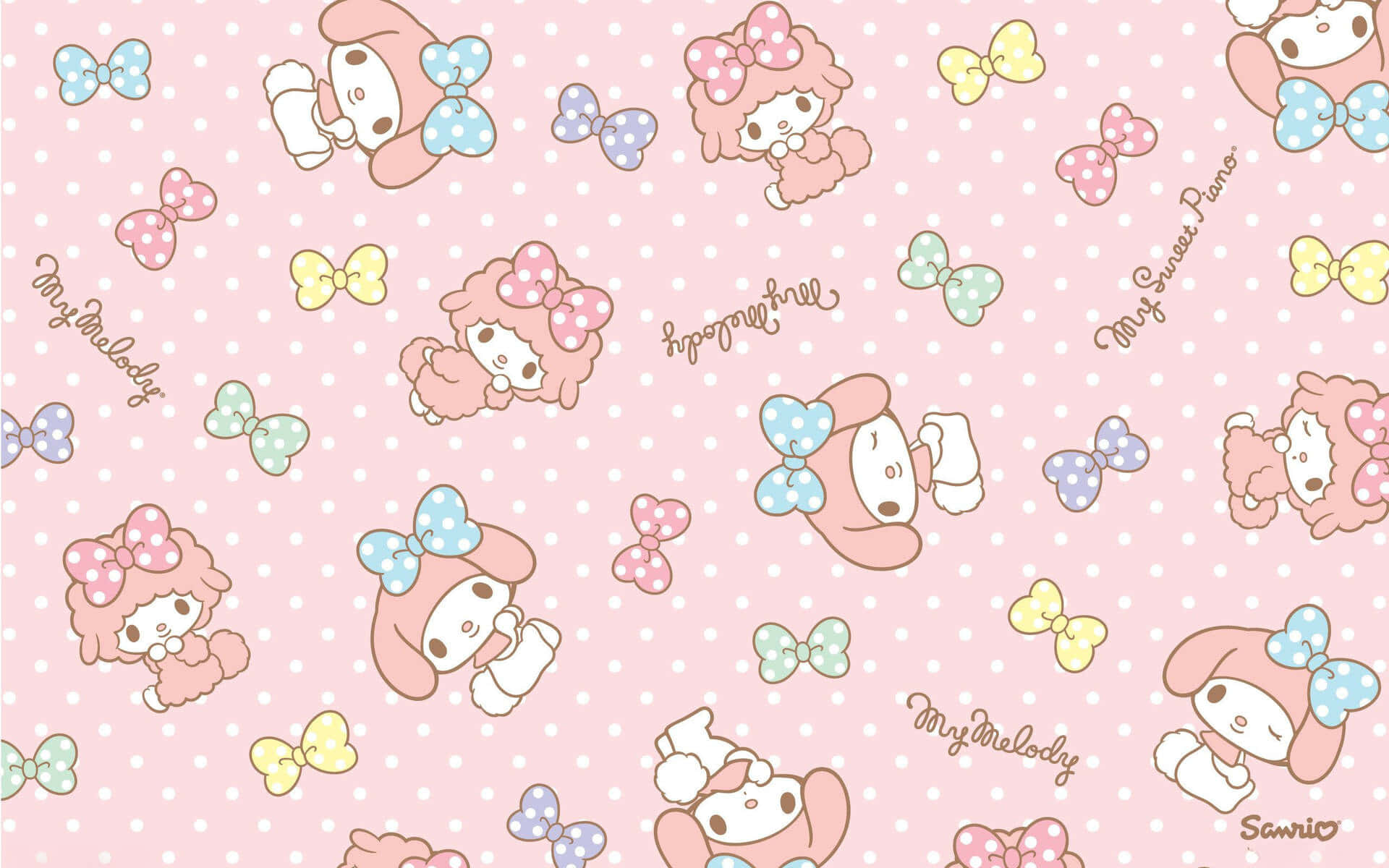 sanrio 桌布 壁紙 — 可愛的My Melody角色和蝴蝶結在粉紅色圓點背景上重複，形成一個俏皮的圖案。
