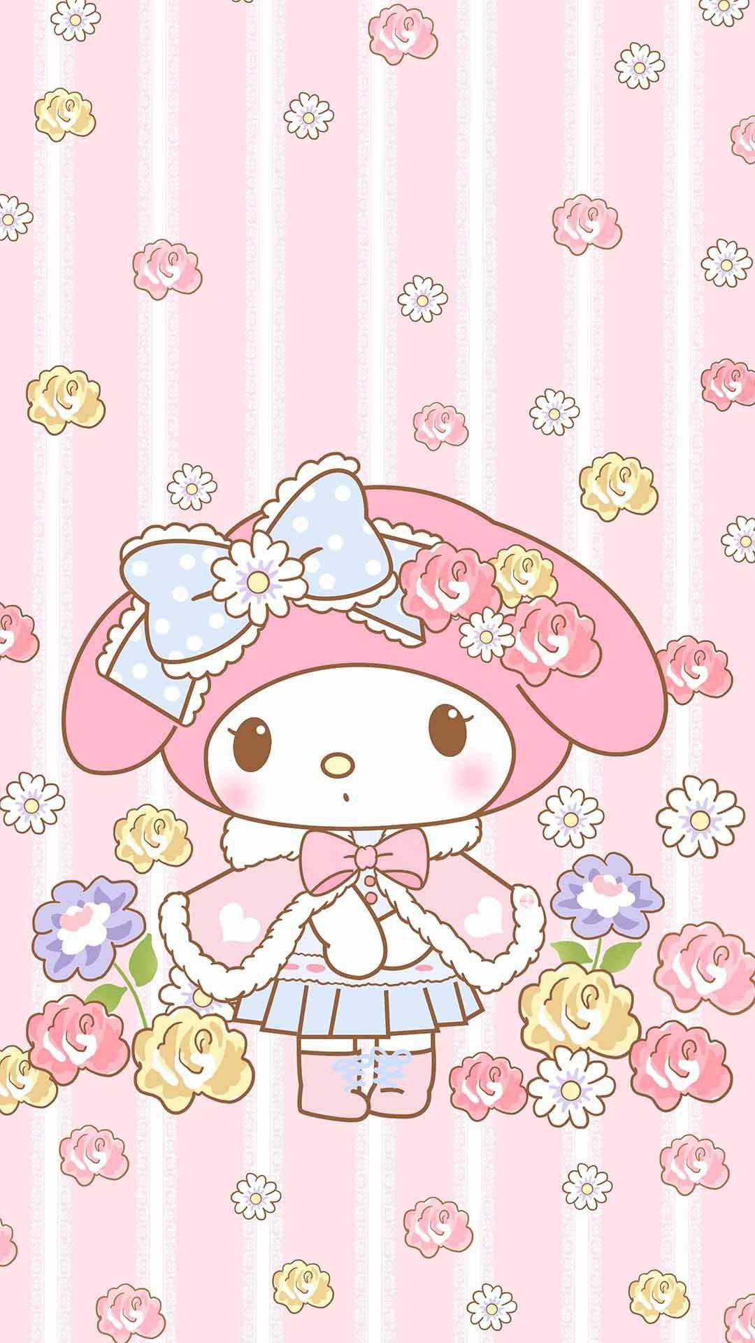 Cute Sanrio 桌布 壁紙 — 可愛的My Melody角色穿著花卉連衣裙，站在粉紅色條紋背景中，散落著玫瑰和雛菊。