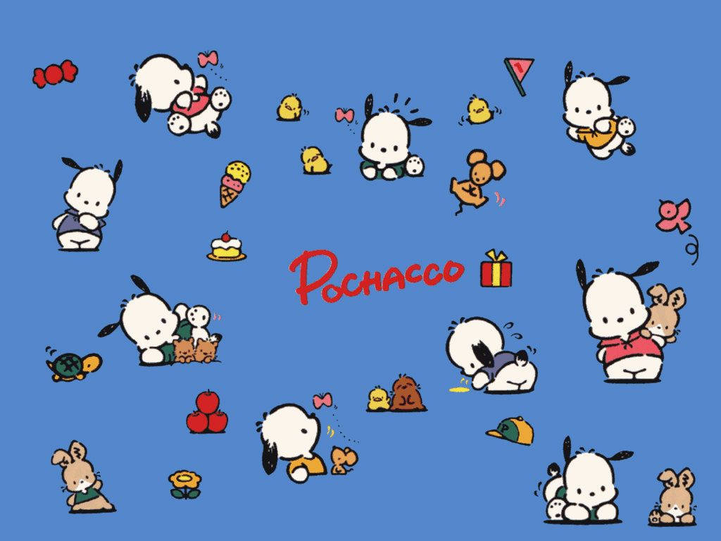 Pochacco 桌布 壁紙 — 可愛的Pochacco角色在純藍色背景上與玩具和動物玩耍。