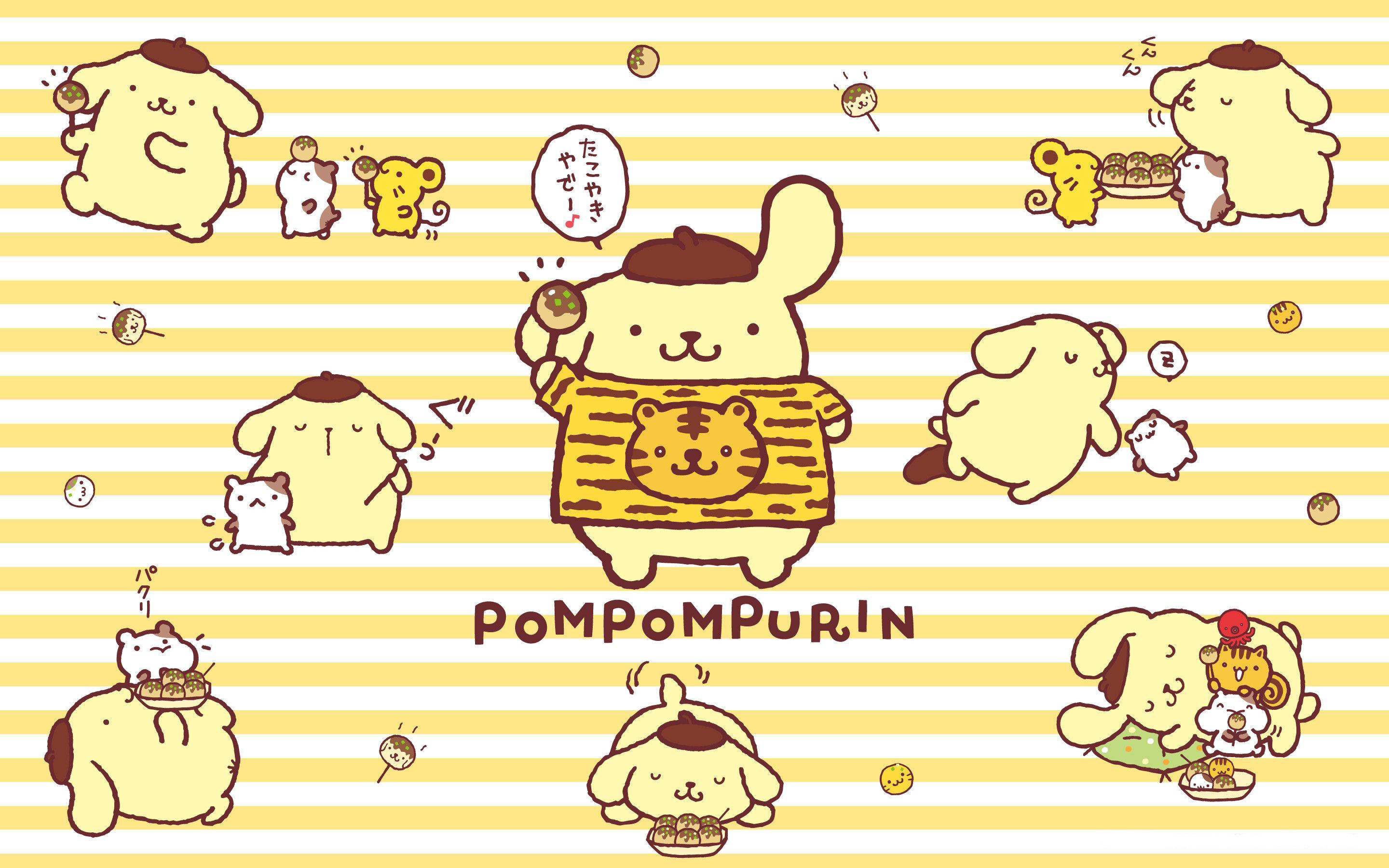 布丁狗 桌布 壁紙 — 可愛的Pompompurin角色在黃色條紋背景中享受零食和玩樂時刻。