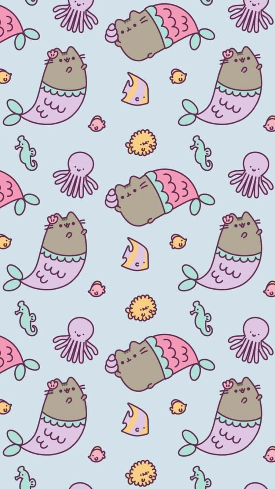 Kawaii Mermaid 桌布 壁紙 — 可愛的Pusheen美人魚在柔和的藍色背景中與章魚、海馬和魚一起游泳。