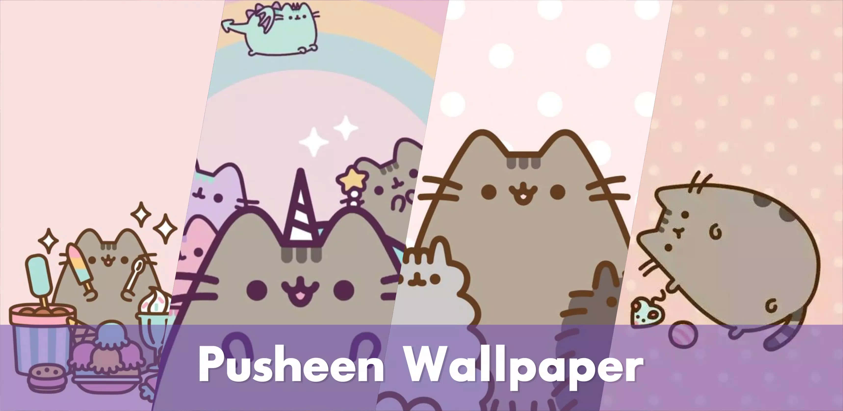 Pusheen Kawaii 桌布 壁紙 — 可愛的Pusheen貓咪在粉彩彩虹背景上，配上冰淇淋和閃粉。