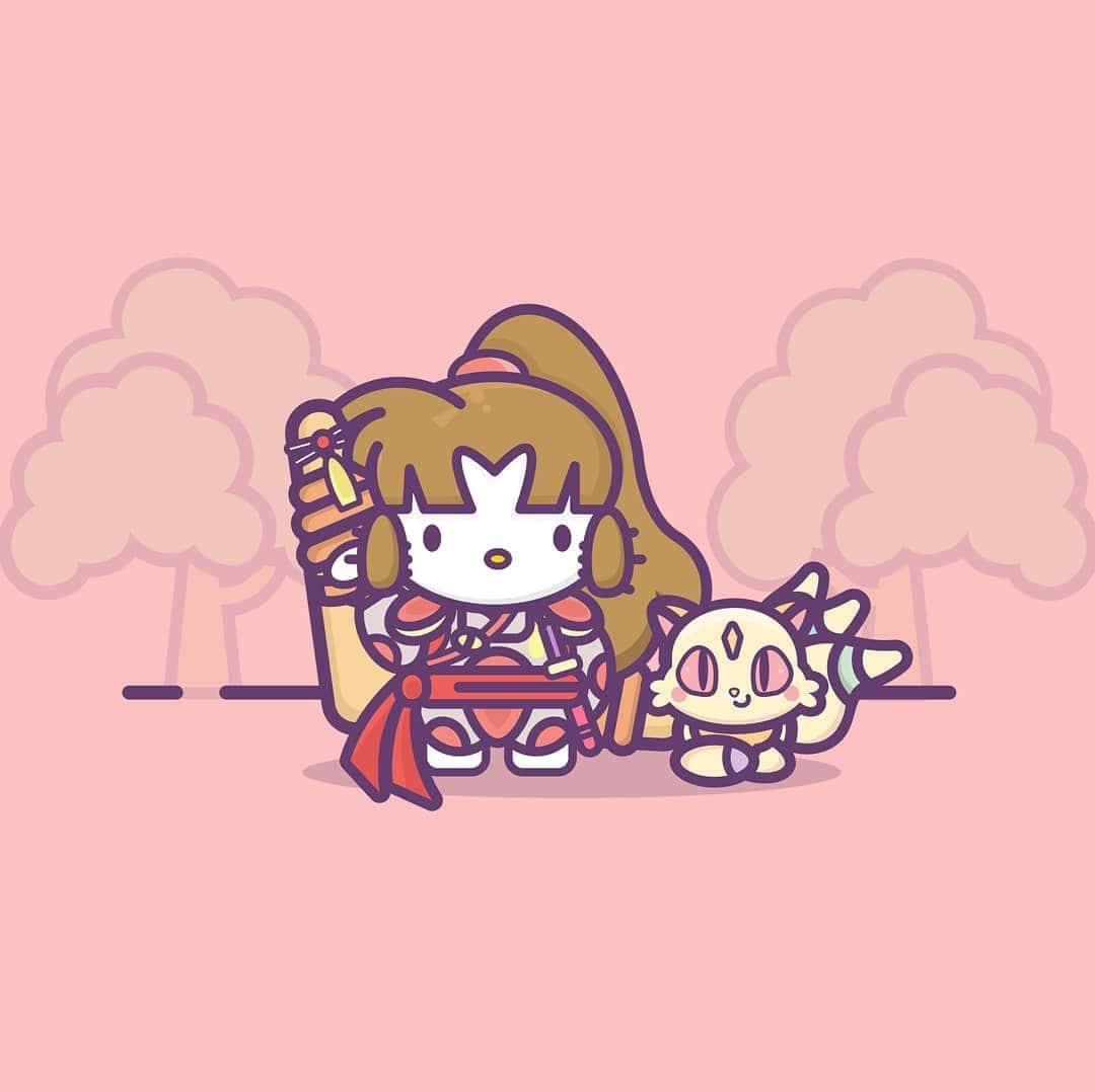 Kirara 桌布 壁紙 — 可愛的Q版Hello Kitty穿著武士盔甲，站在一隻小龍般的生物旁邊，背景是柔和的粉紅色和風格化的樹木。