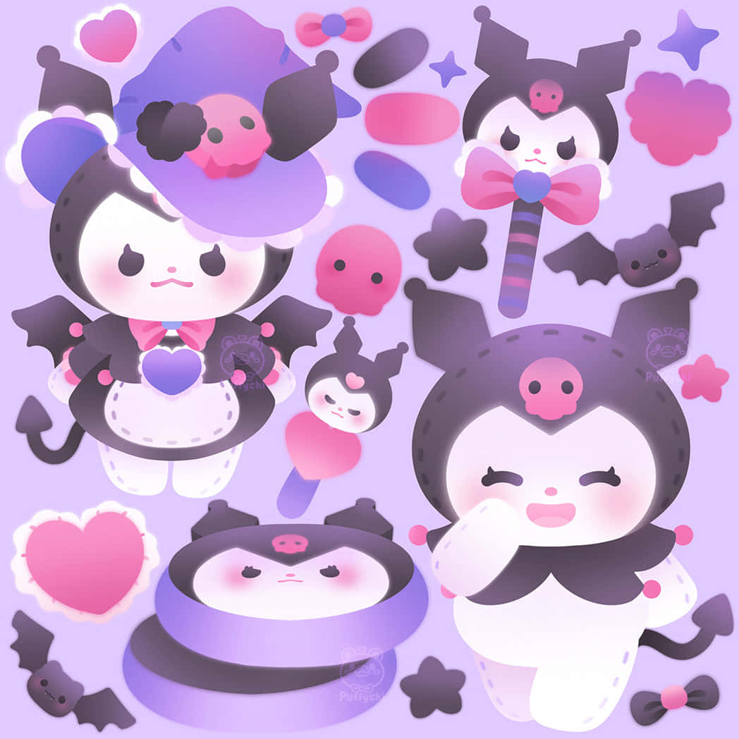 Kuromi Fanart 桌布 壁紙 — 可愛的Q版Kuromi角色，穿著女巫服裝，配有蝙蝠、愛心和星星，背景為粉紫色。