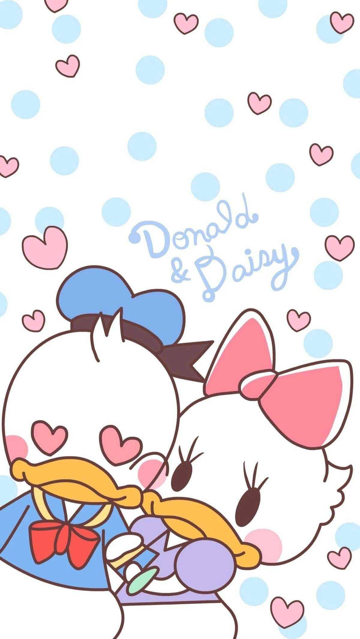 Daisy Duck 桌布 壁紙 — 可愛的Q版唐老鴨和黛絲鴨在圓點背景上擁抱，周圍漂浮著愛心。