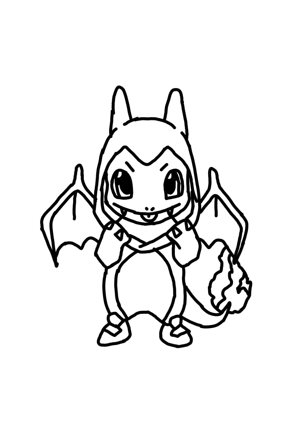Pokemon Coloring 桌布 壁紙 — 可愛的Q版噴火龍，黑色輪廓，火焰尾巴，站在純白背景上。
