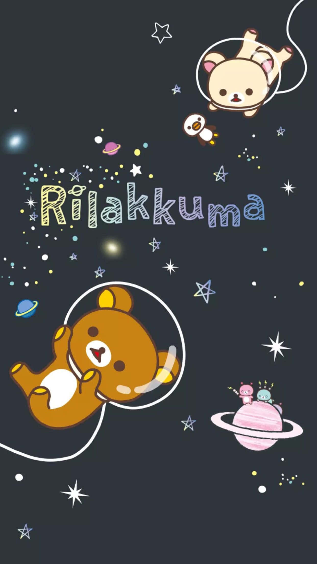 懶懶熊 桌布 壁紙 — 可愛的Rilakkuma角色在星空空間中漂浮，周圍有色彩繽紛的行星和閃光，背景是黑暗的宇宙。