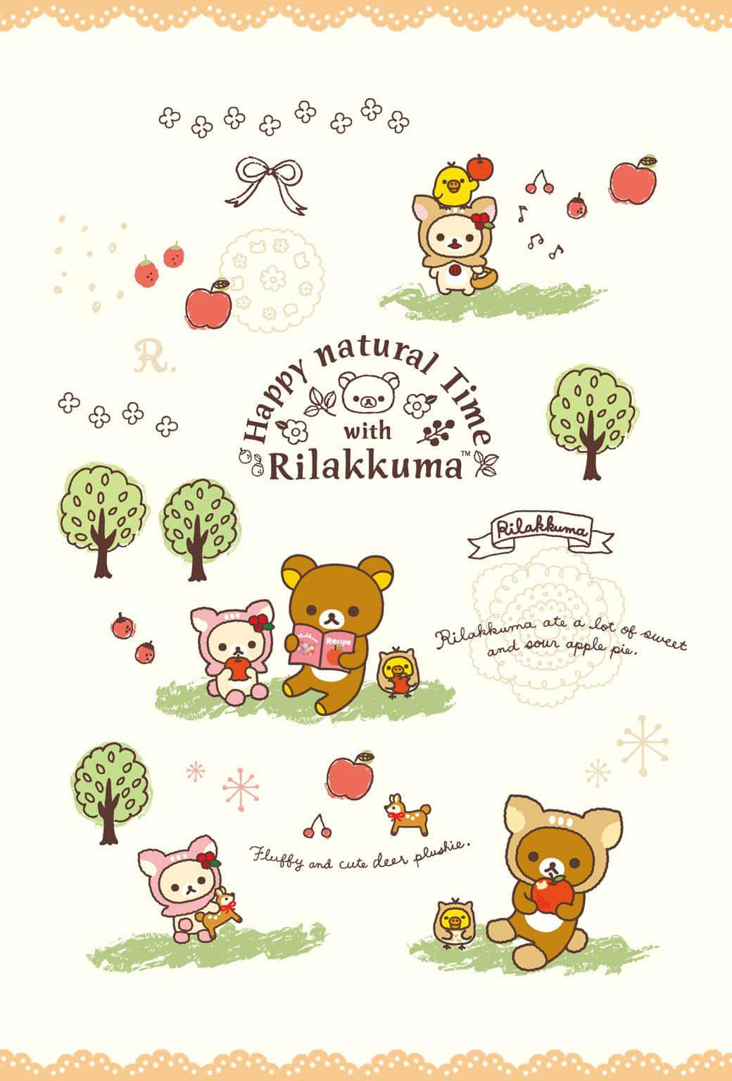 懶懶熊 桌布 壁紙 — 可愛的Rilakkuma角色在柔和粉彩插畫風格中，享受以蘋果為主題的戶外場景，有樹木和音符。