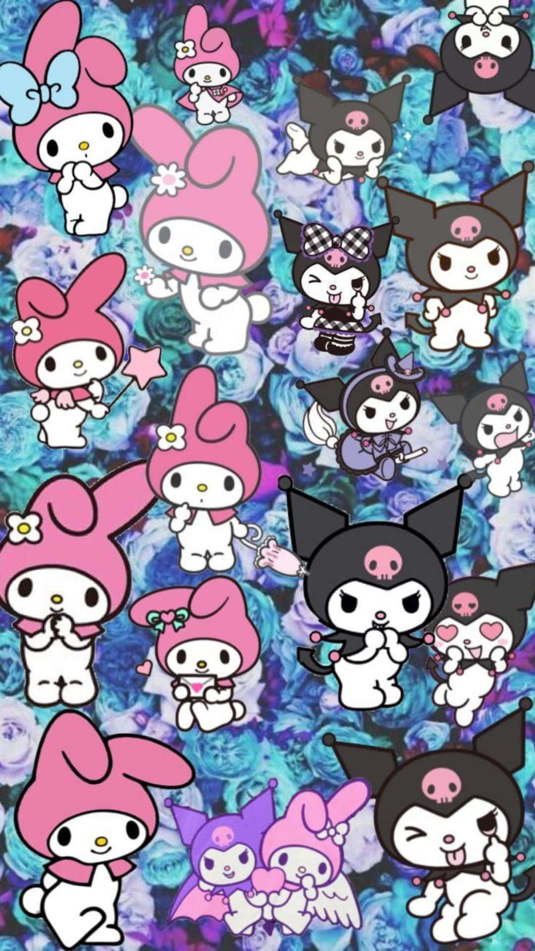 Kuromi And My Melody 桌布 壁紙 — 可愛的Sanrio角色My Melody和Kuromi在充滿活力的藍色花卉背景前俏皮地擺姿勢。