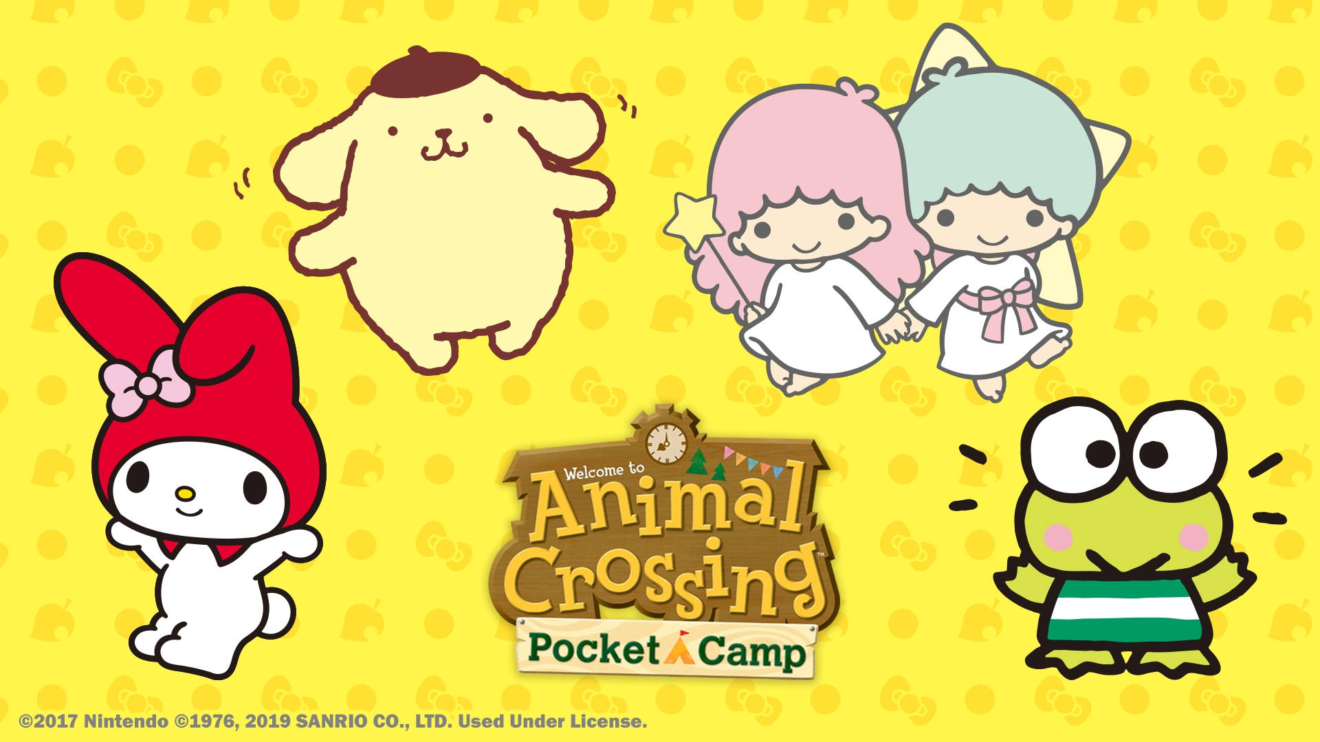 Keroppi 桌布 壁紙 — 可愛的Sanrio角色和Animal Crossing Pocket Camp標誌在明亮的黃色圓點背景上愉快地漂浮。