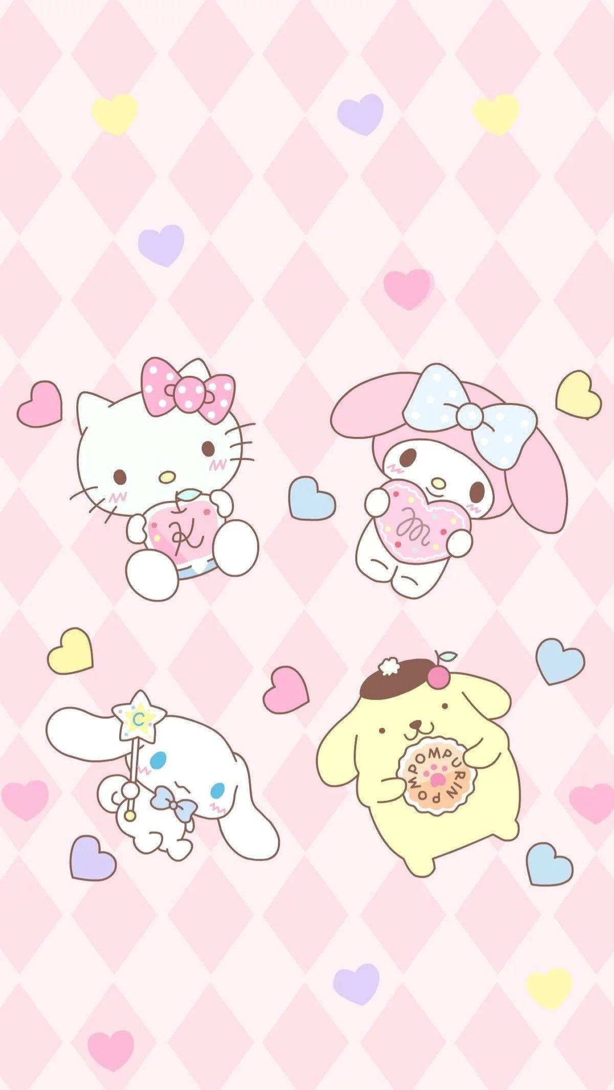 sanrio 桌布 壁紙 — 可愛的Sanrio角色在粉紅色鑽石背景上拿著糕點和心形，背景有漂浮的心形。