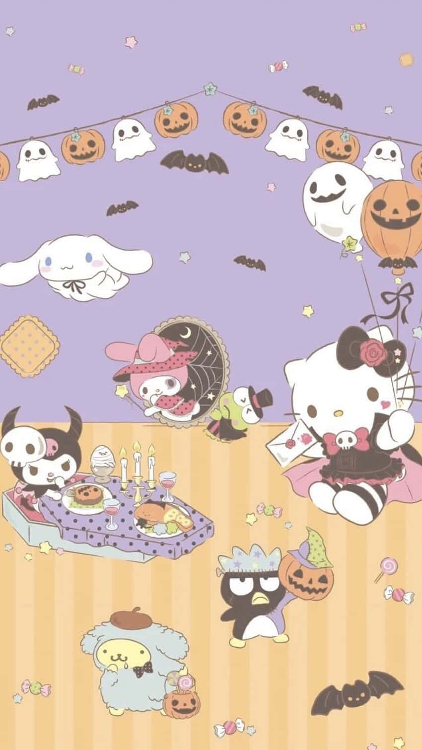 Pastel Halloween 桌布 壁紙 — 可愛的Sanrio角色在紫色條紋背景上，與南瓜、鬼魂、蝙蝠和糖果一起慶祝萬聖節。