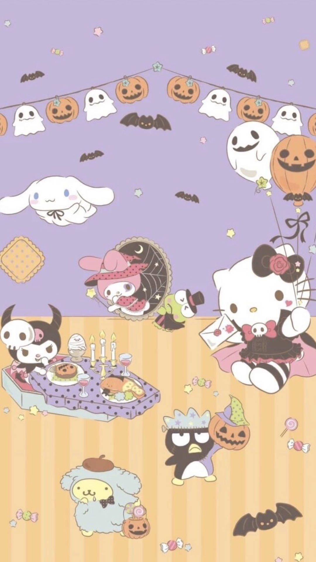 穿著萬聖節服裝的Sanrio角色與南瓜、鬼魂和蝙蝠。