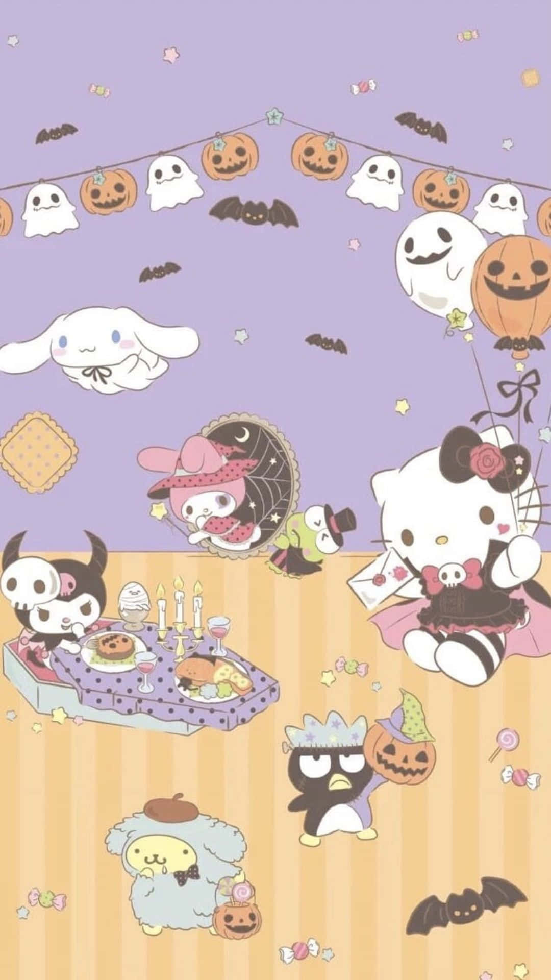 Kuromi Halloween 桌布 壁紙 — 可愛的Sanrio角色在紫色背景上與南瓜、幽靈和蝙蝠一起慶祝萬聖節。