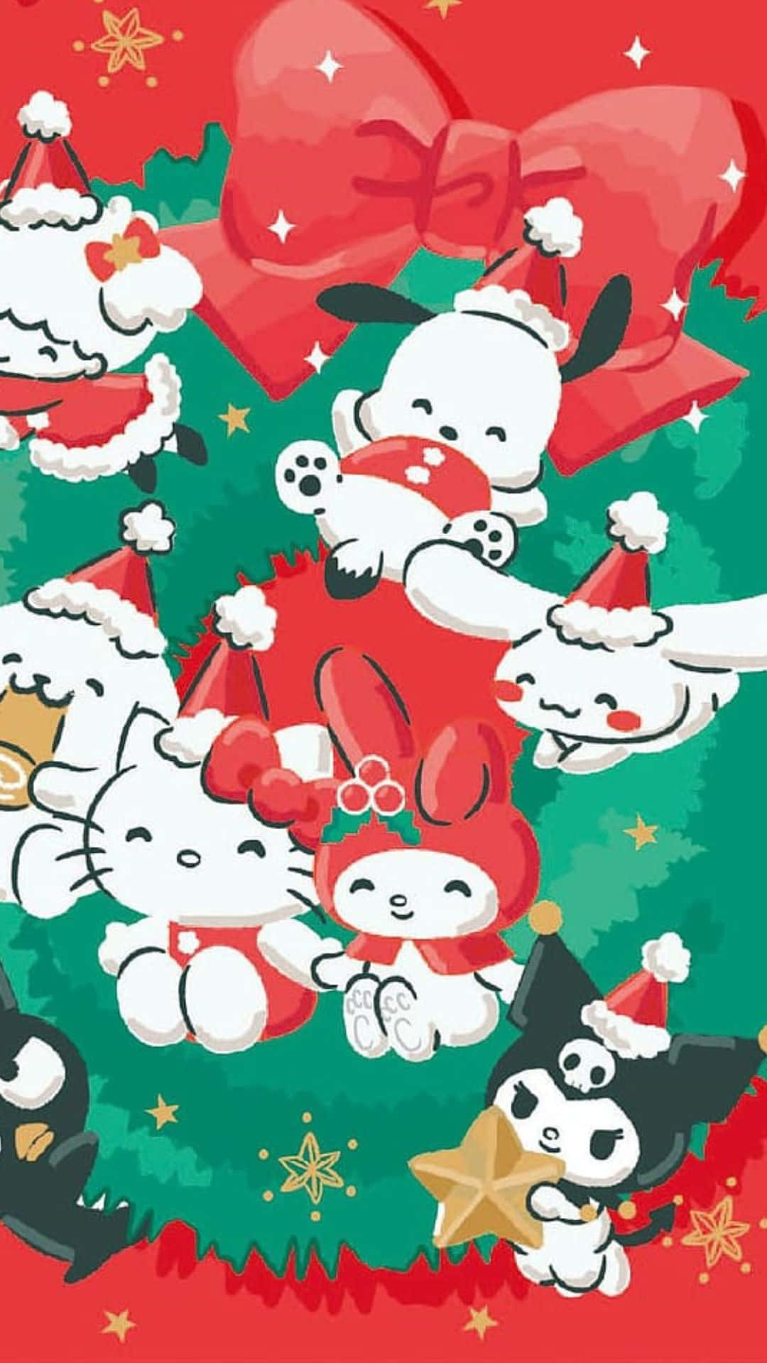 Kuromi Christmas 桌布 壁紙 — 可愛的Sanrio角色戴上節日聖誕帽，圍繞著裝飾有紅色蝴蝶結和金色星星的聖誕樹歡樂地聚集。