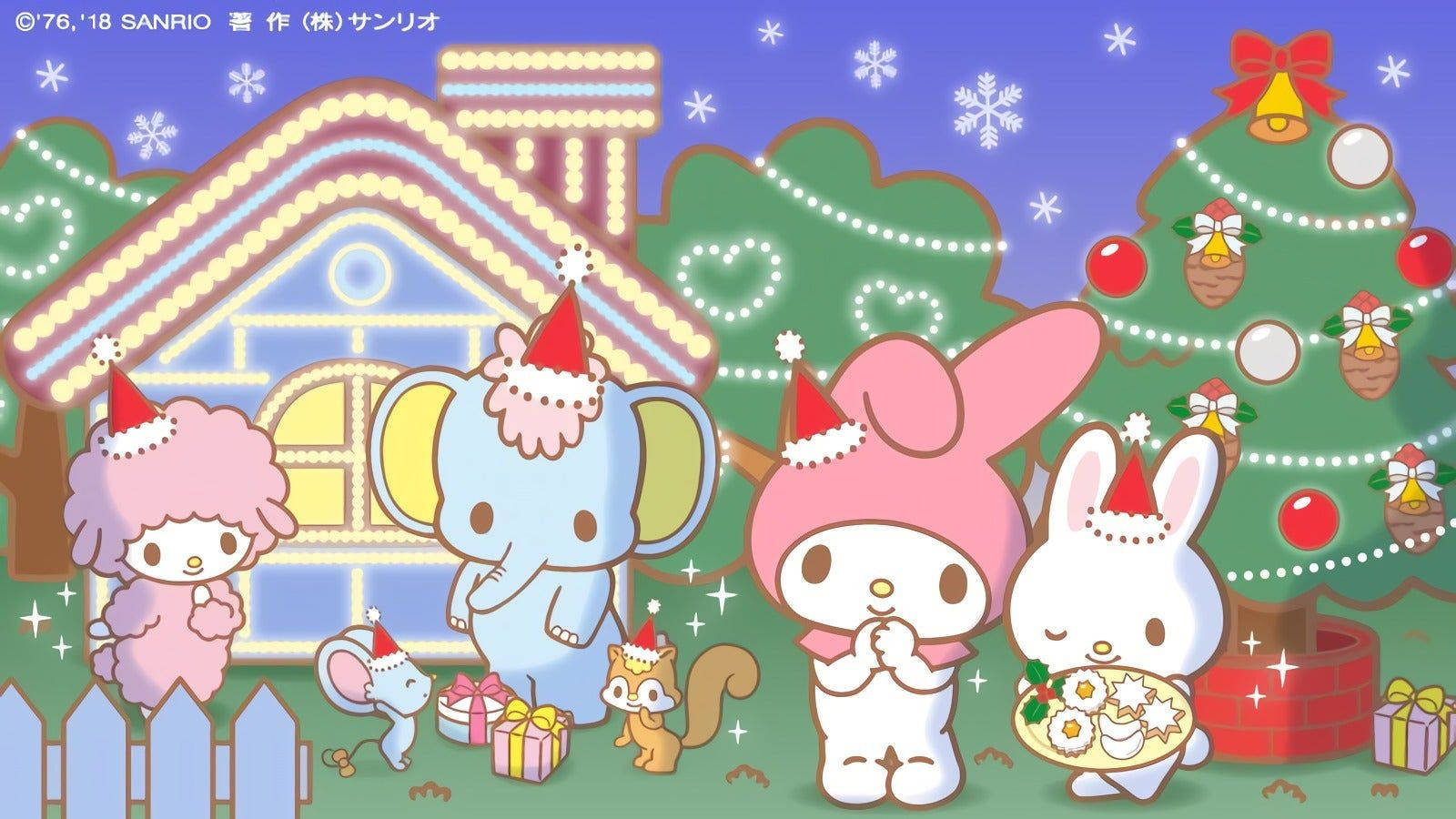 sanrio 桌布 壁紙 — 可愛的Sanrio角色戴著節日紅帽，在雪天下聚集在閃爍的薑餅屋外，旁邊是裝飾好的聖誕樹。