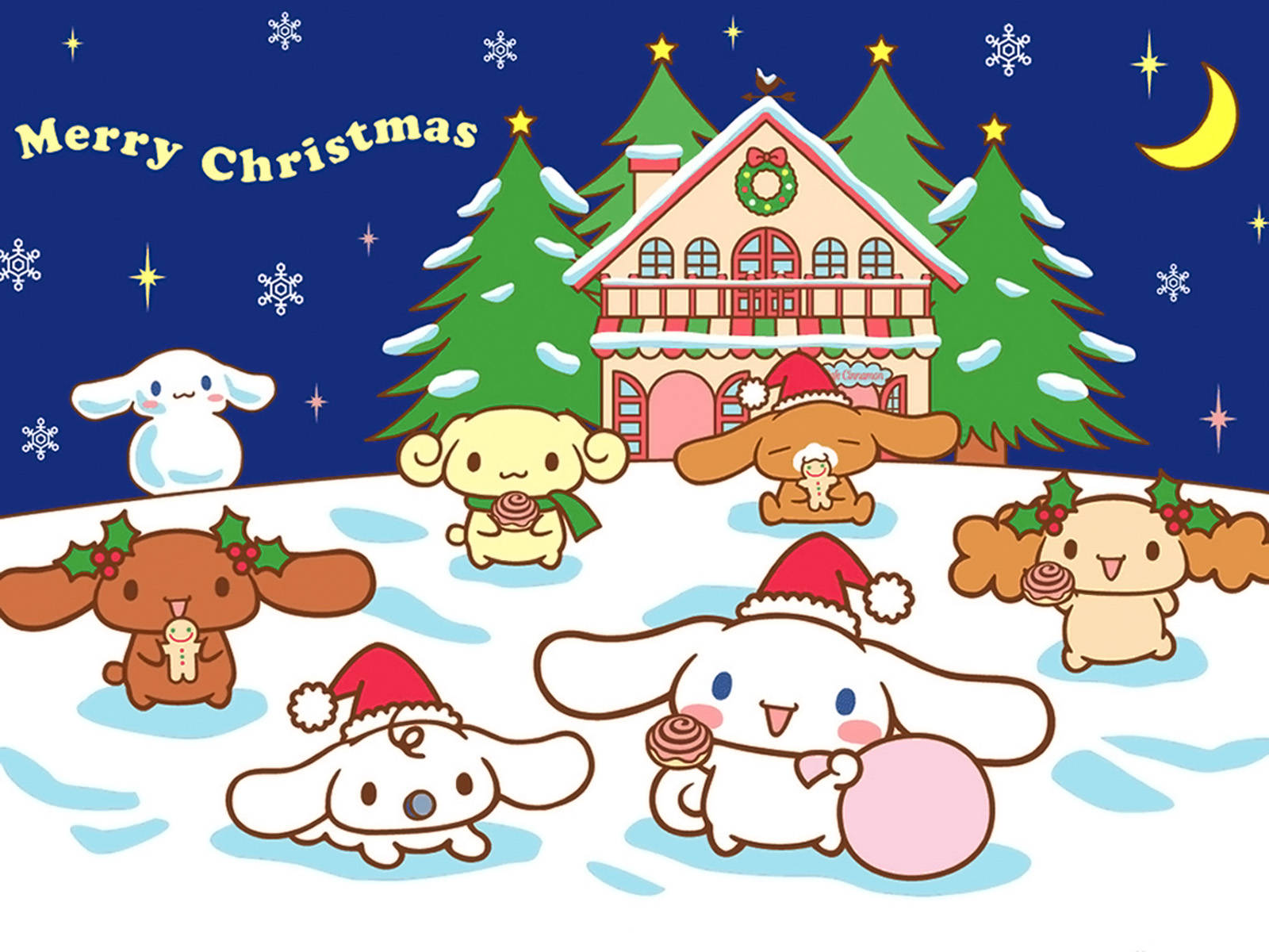 雪地中戴著聖誕帽的Sanrio角色，靠近星空下的聖誕小屋。 — 三麗鷗角色 GIF 壁紙