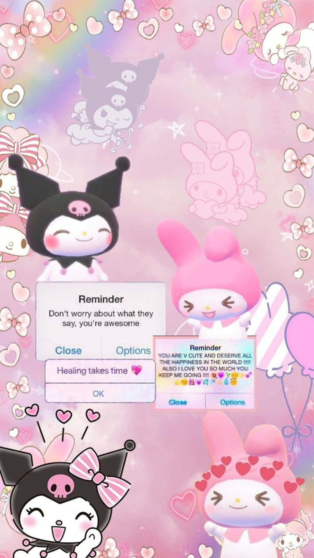 Kuromi And My Melody 桌布 壁紙 — 可愛的Sanrio角色漂浮在充滿愛心和浮動提醒彈出視窗的粉彩粉紅色夢幻空間中。