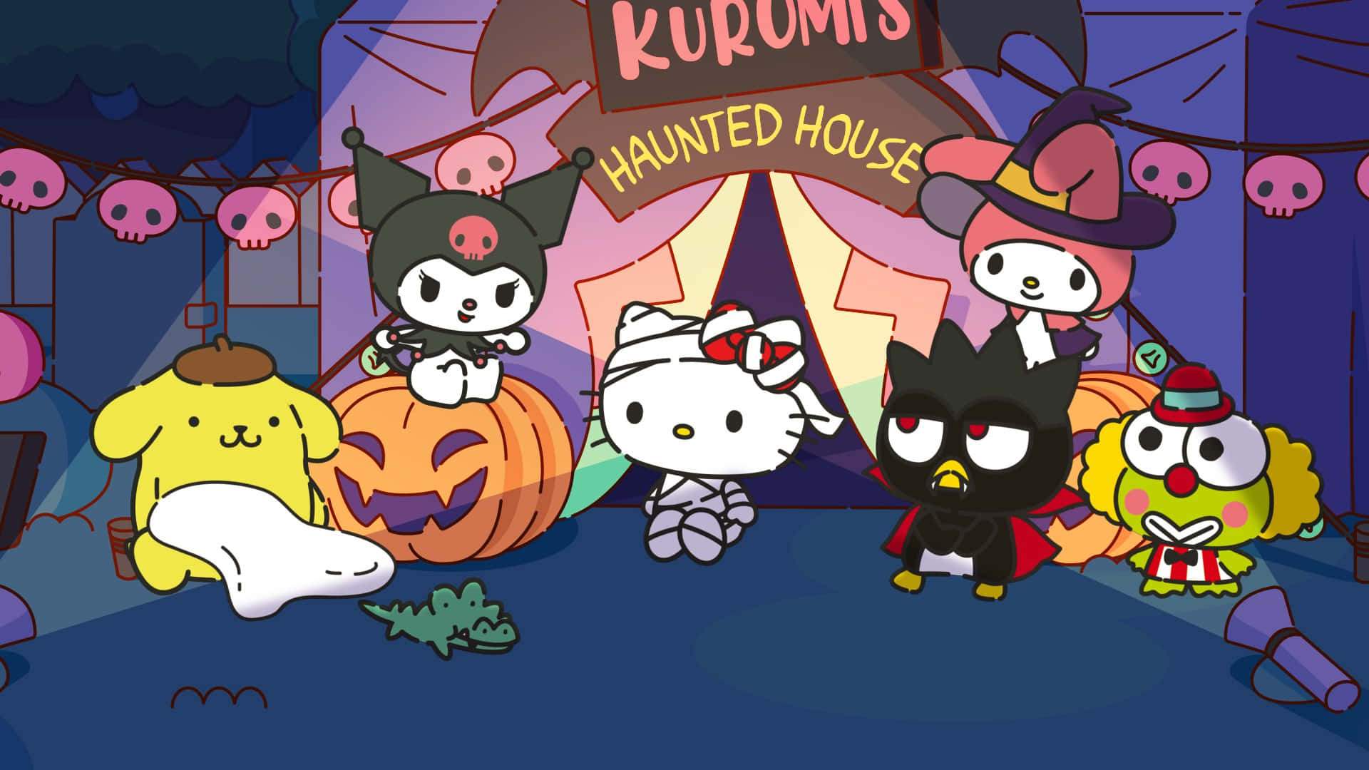 Kuromi Halloween 桌布 壁紙 — 可愛的Sanrio角色穿著萬聖節服裝，在鬼屋前開心地擺姿勢，周圍有南瓜燈和骷髏。