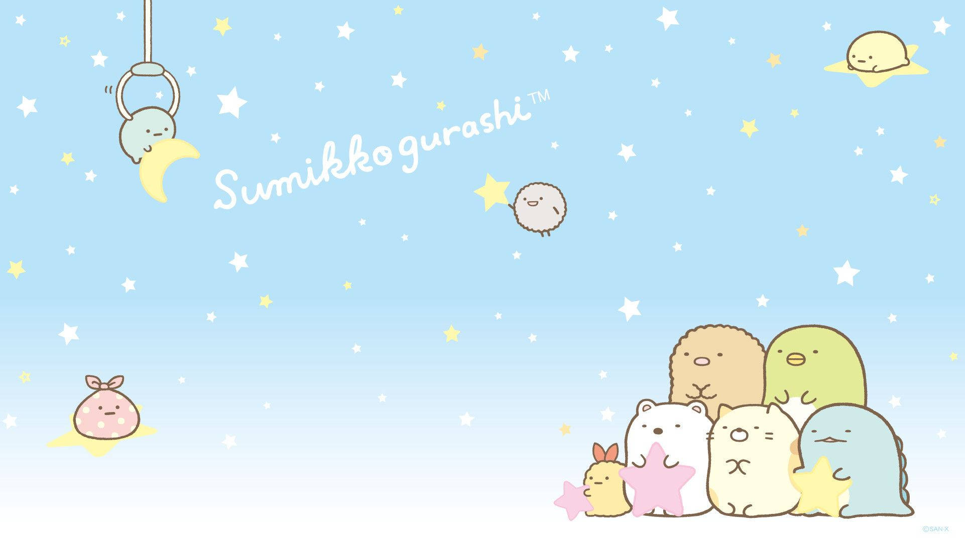 角落生物 桌布 壁紙 — 可愛的Sumikko Gurashi角色聚集在星空下，有新月和漂浮的星星。