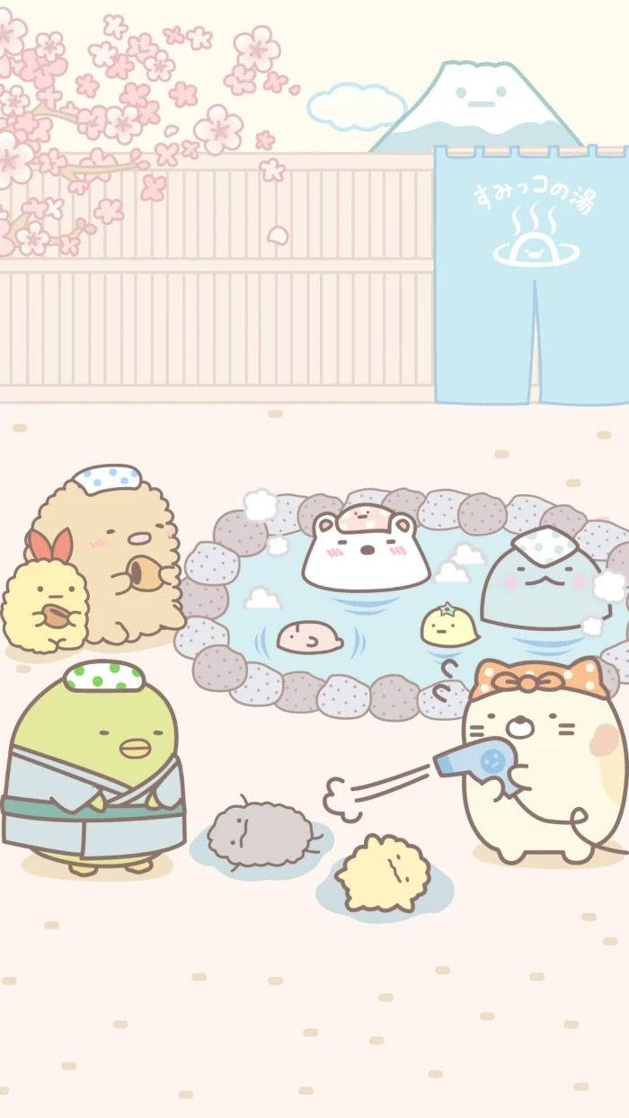 角落生物 桌布 壁紙 — 可愛的Sumikko Gurashi角色在富士山背景下的櫻花樹下的石頭溫泉中放鬆。